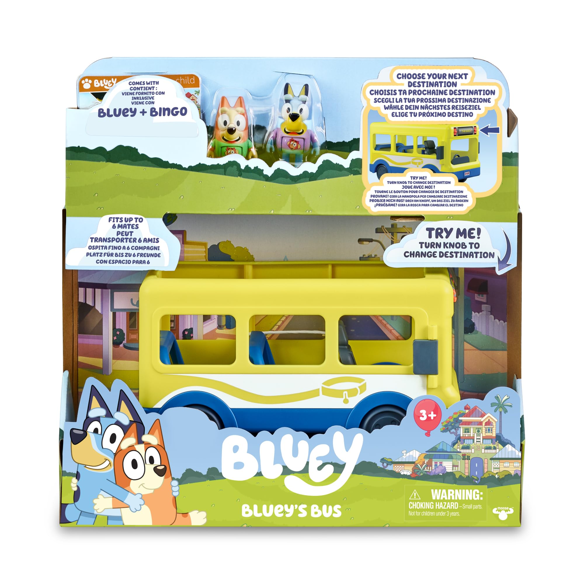 Bluey - School Bus, autobús para el Cole 2 Figuras con Bingo Personajes de la Serie de Dibujos inantil, Cartel con Destino de Ruta Giratorio, niños y niñas + 3 años, Famosa (BLY39010)