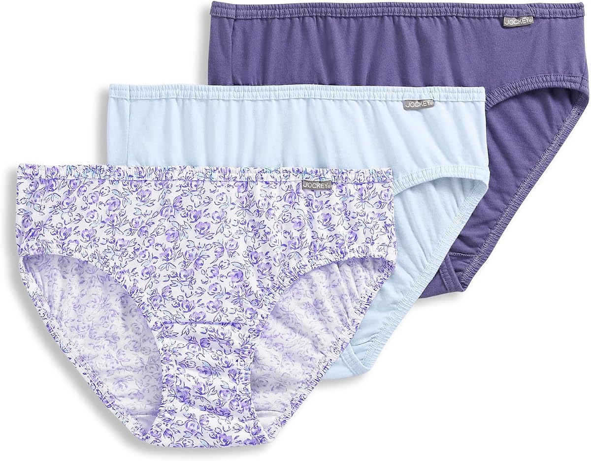 Jockey Women's Underwear 100% Cotton Elance Bikini - 3 Pack, Midnight Iris/Bouquet Bloom/Frothy Blue, 6