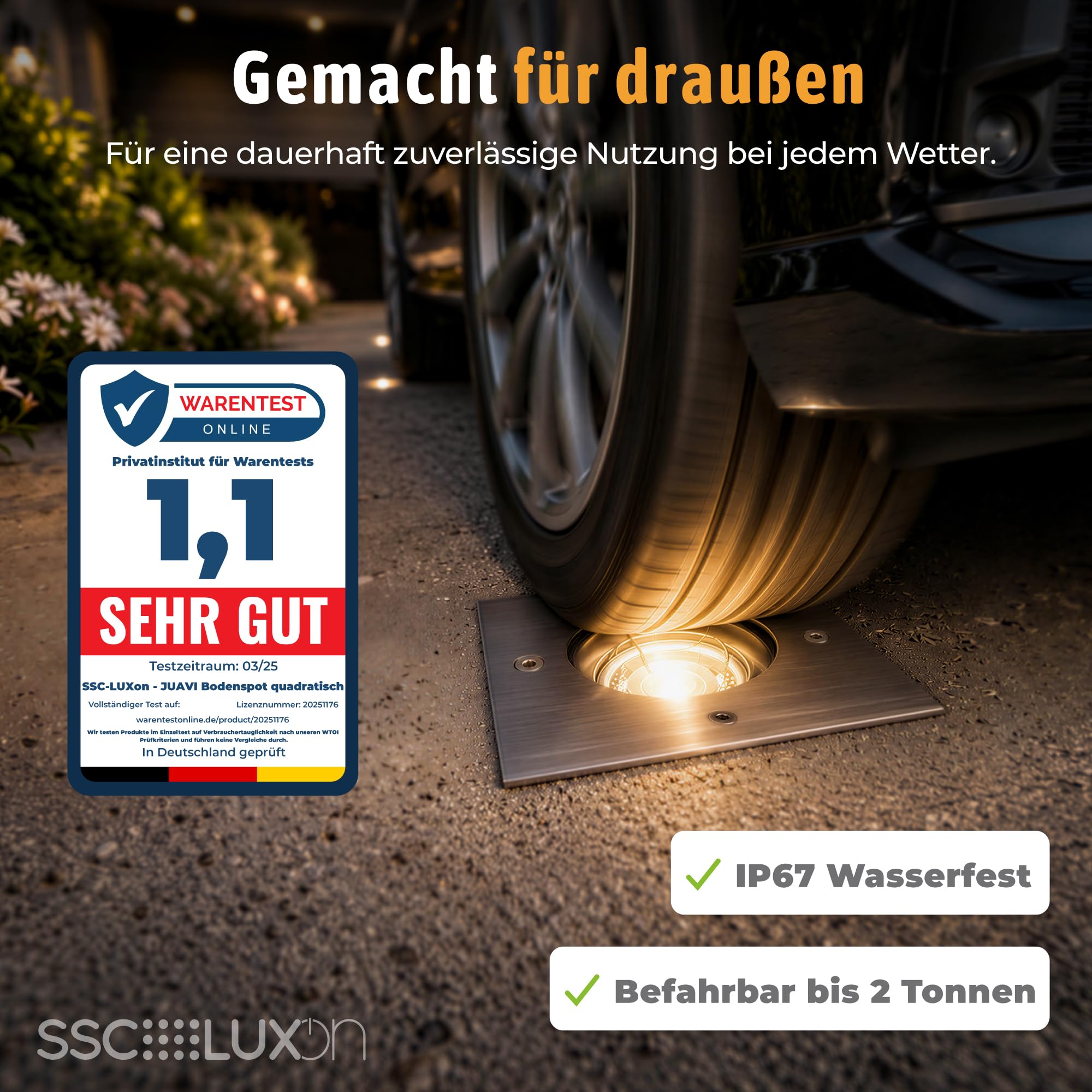 SSC-LUXon JUAVI Bodeneinbaustrahler 3x eckig IP67 GU10 3W 3 Lichtfarben | Drei befahrbare Bodenspots eckig IP67 für Wege, Beet & Terrasse - warm / neutral / kalt, schwenkbar, 120x120mm, Edelstahl
