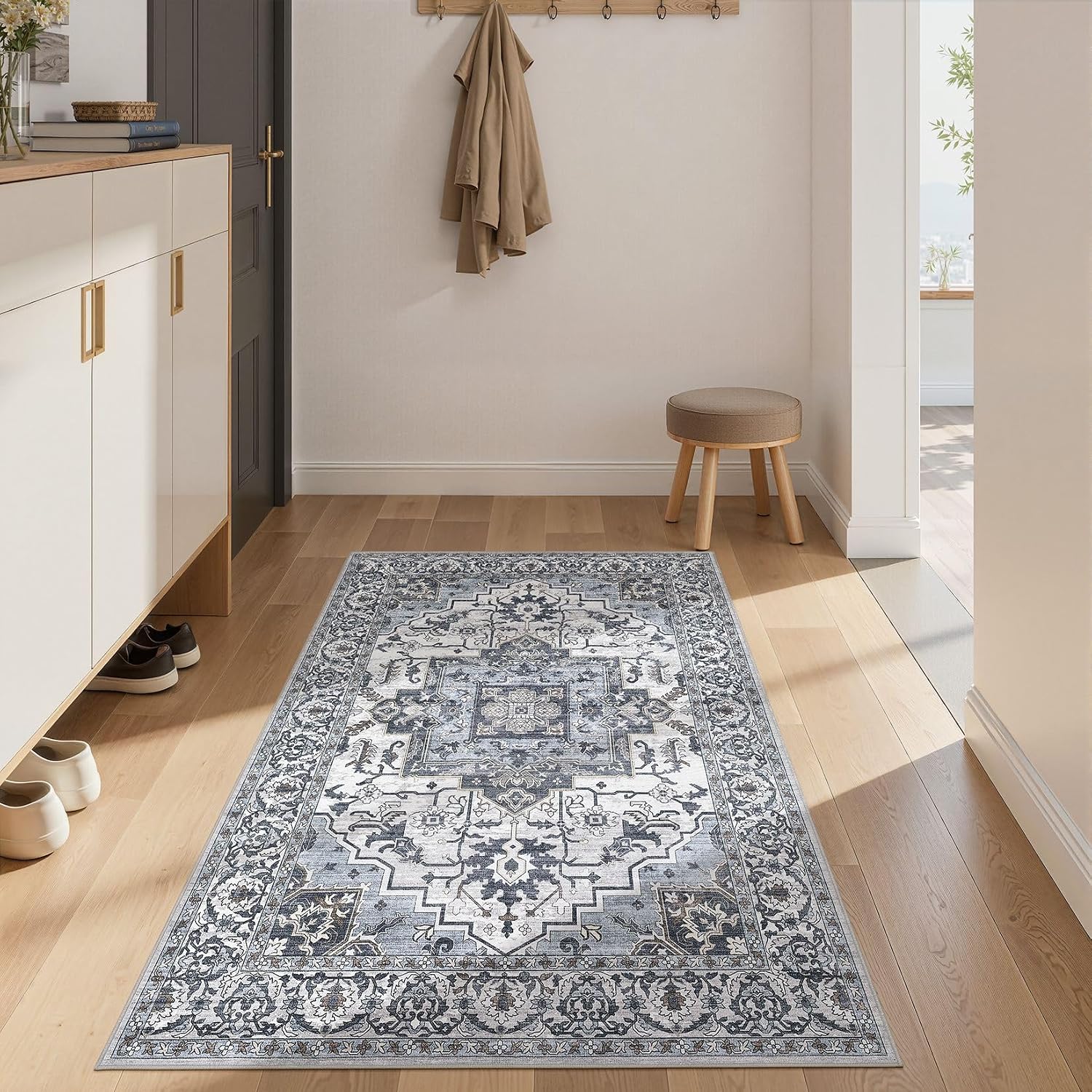 3x5 Area Rugs Living Room: Washable Vintage Rug Large Non-Slip Stain Resistant Ultra Soft Low Pile Pet Kids Friendly Carpets for Bedroom Dining Room Nursery Home Office Decor - Blue