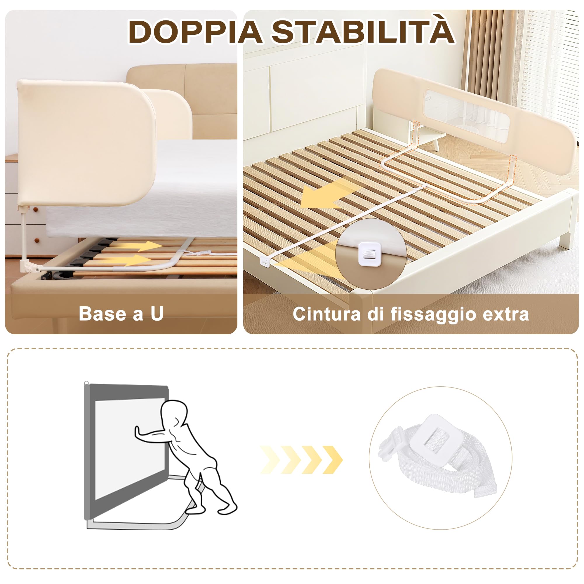 Sponda Letto Bambini 2 in 1 Pieghevole 185cm, Sbarra Letto Barriera Lettino o Cododo Lettino con Borsa Trasporto per Viaggi o Vacanze, Senza Installazione, Facile da Trasportare - Crema