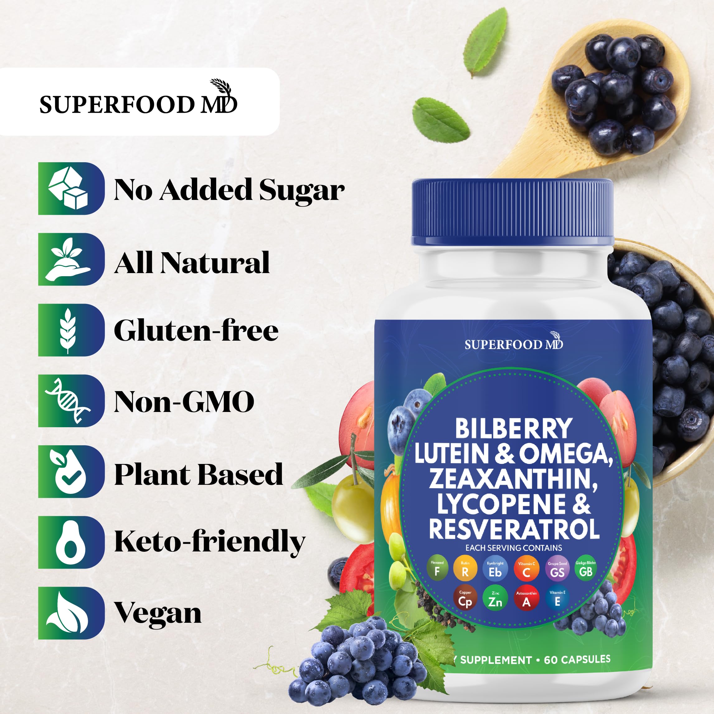Superfood MD Eye Health Vitamins with Bilberry Lutein & Zeaxanthin Lycopene 40mg Resveratrol Grape Seed Extract Astaxanthin- AREDS 2 - Eye Vitamin - 120 Capsules — Amazon image 7