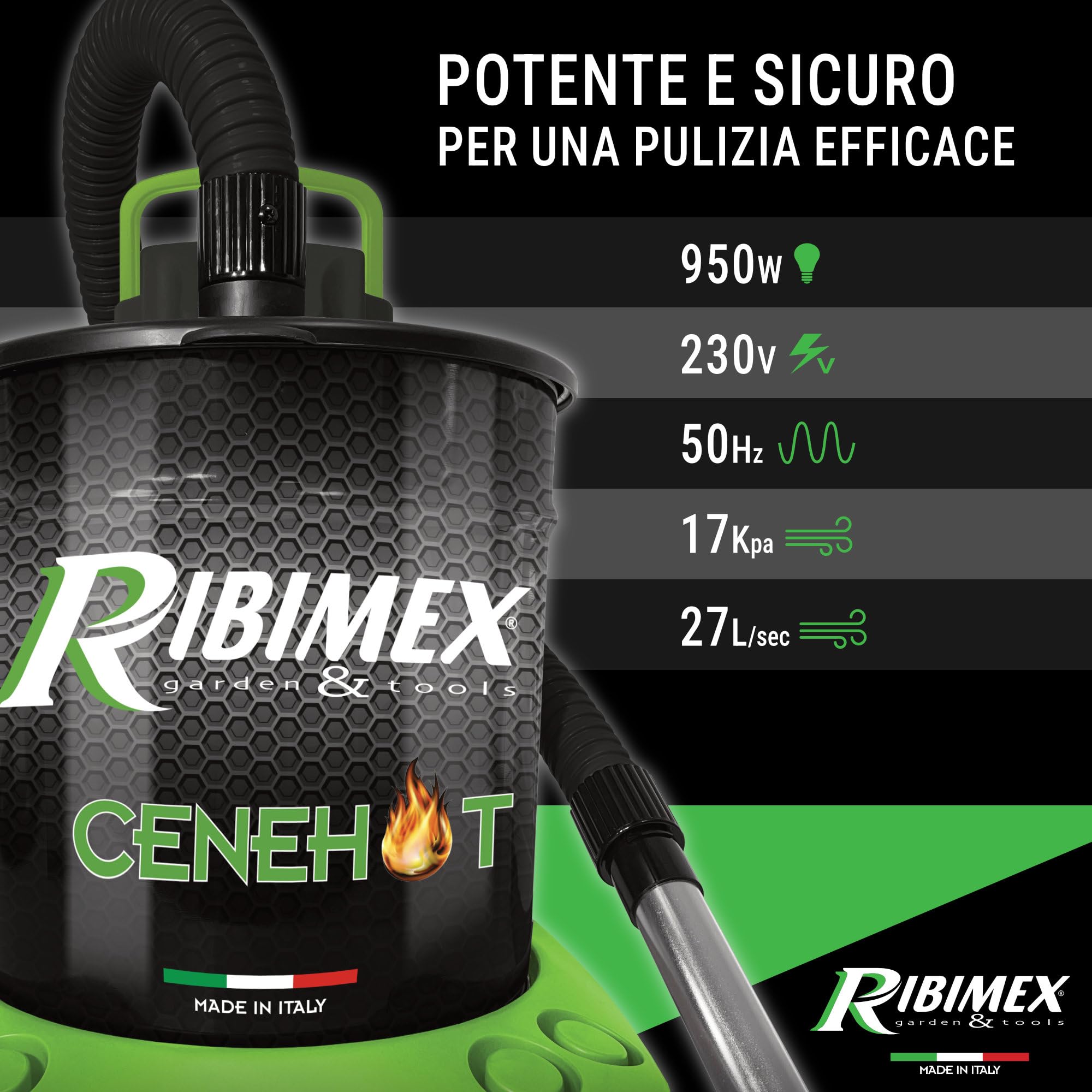 Ribimex Aspiracenere Elettrico Cenehot Per Ceneri Calde Fino A 40 Gradi, Con Filtro HEPA Speciale, Bidone Da 18 L, Potenza 950 W, Ideale Per Stufe, Caminetti E Barbecue - PRCEN008