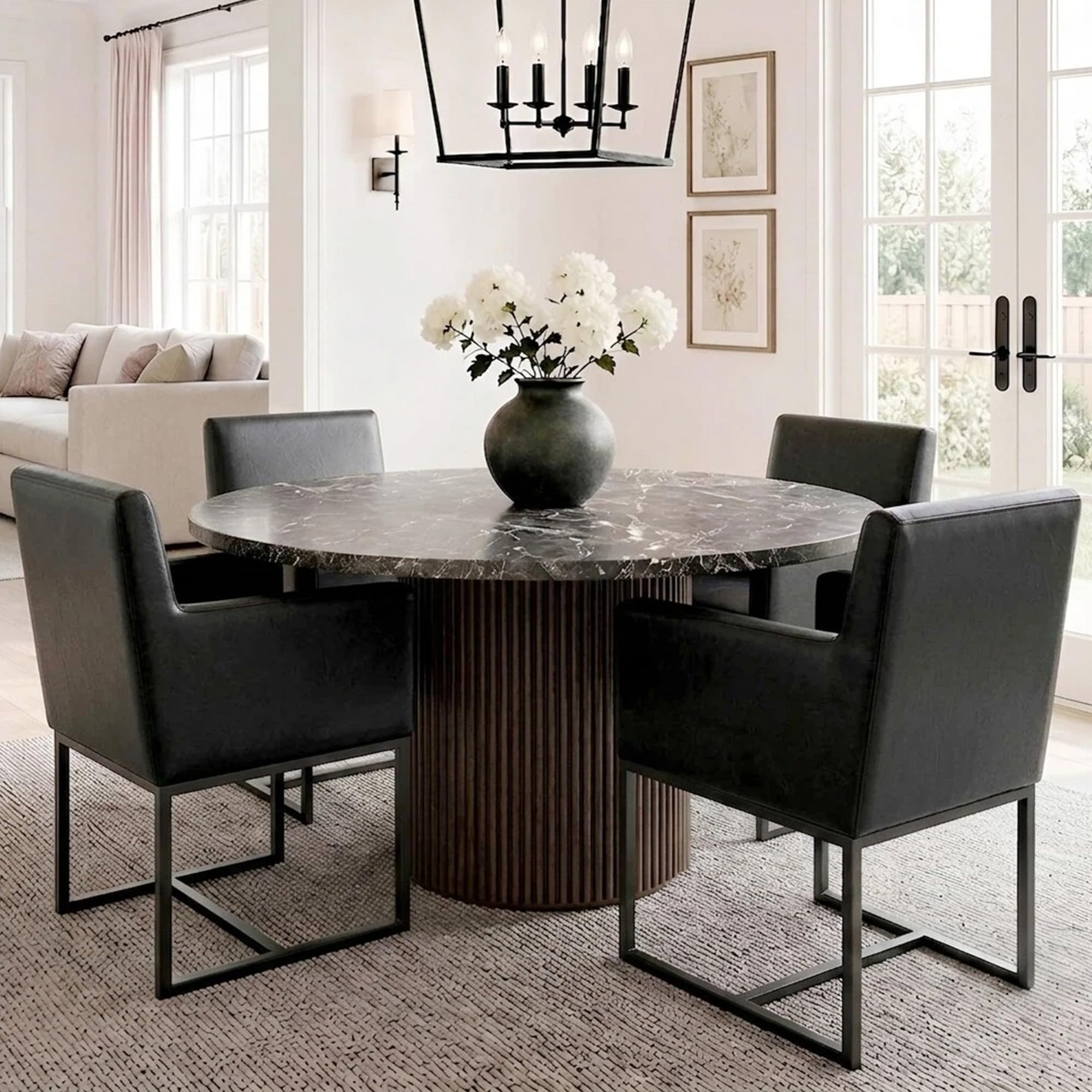 HNY Mid Century Modern Upholstered Dining Chairs with Arms Set of 4, Faux Leather Accent Chairs with Black Finish Metal Frame, 19" Wide Arm Chairs for Living Room Kitchen Bedroom, Black