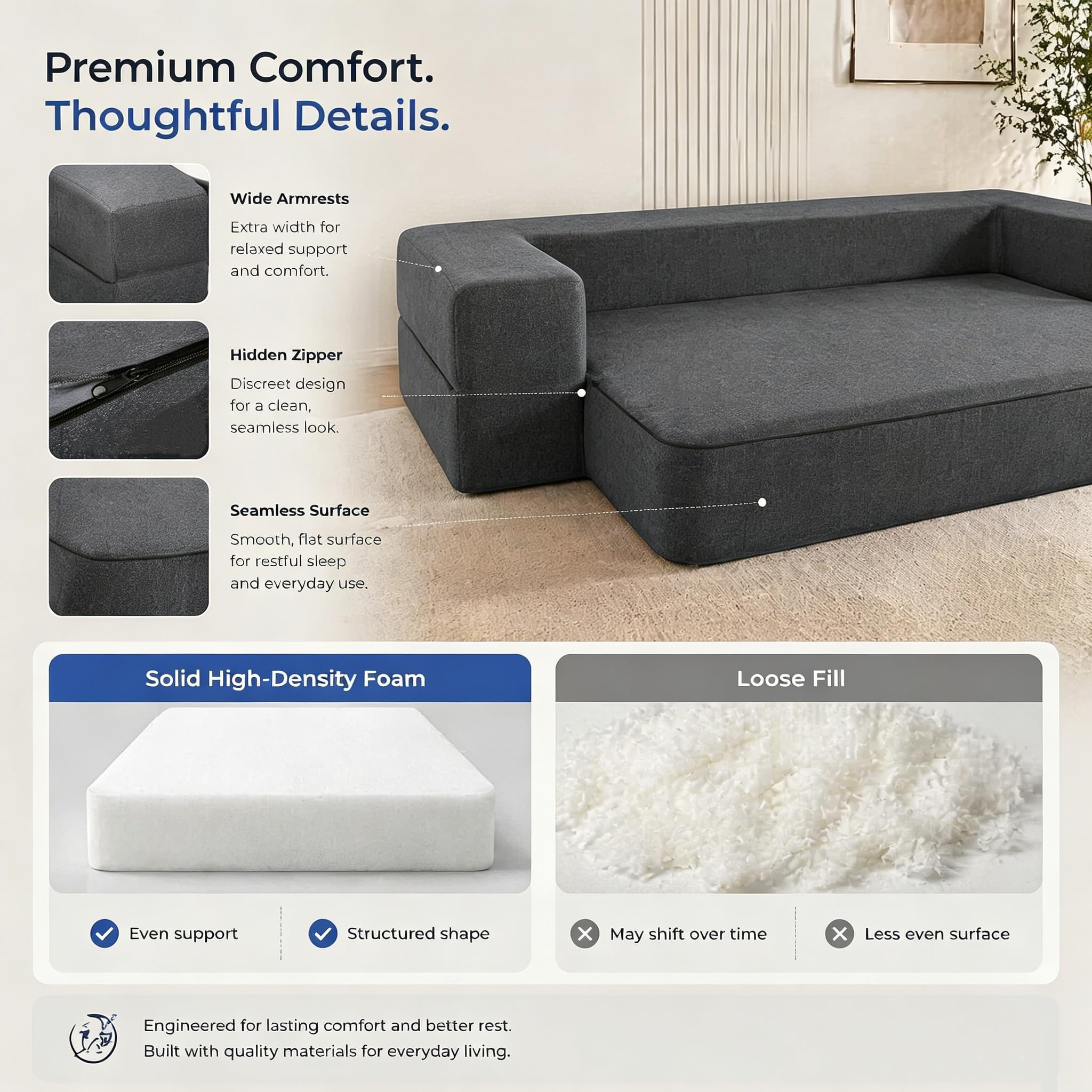 8 Inch Folding Sofa Bed Couch, Memory Foam Convertible Futon Sleeper Chair | Queen Size Modular lazy Floor Couch for Bedroom Living Room Guest, No Assembly Fold Out Sofa, Dark Grey