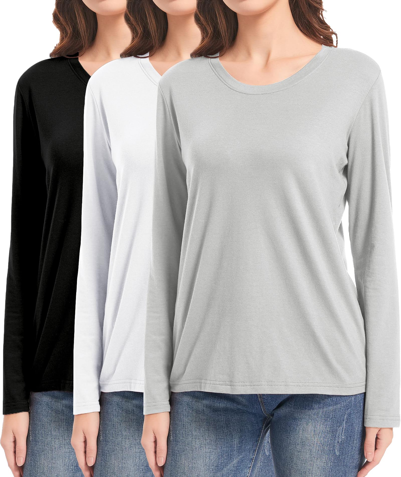 DMVOD 3er-Pack Baumwoll-T-Shirts mit Langen/kurzen Ärmeln, Workout-Oberteile für Damen, Basic-T-Shirt mit Rundhalsausschnitt