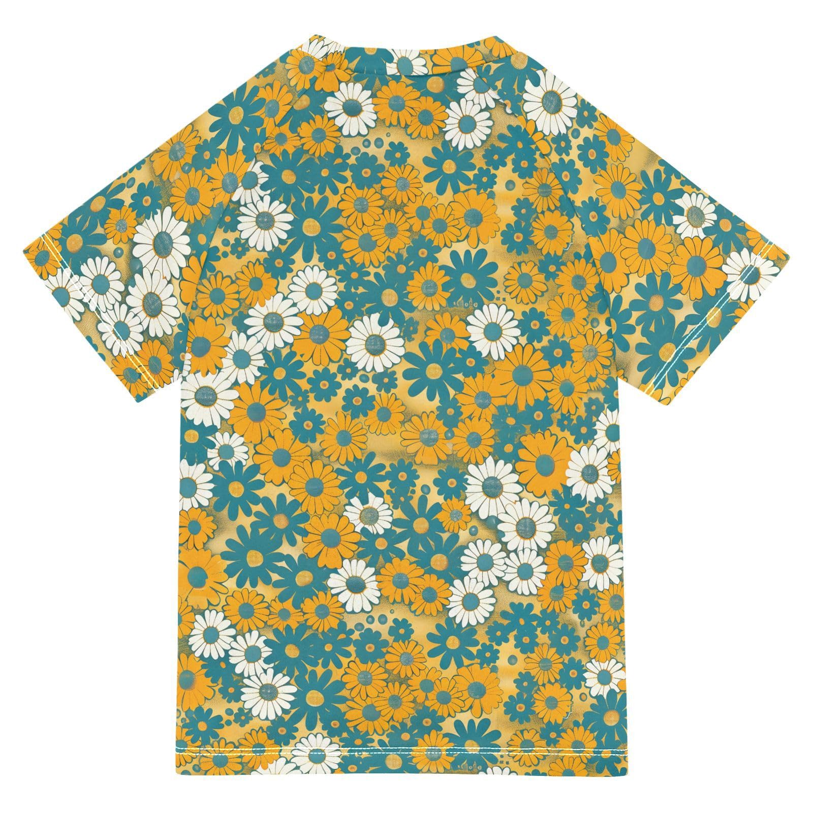 ALAZA Kids Rash Guard Boys Toddler Swim Shirts Short Sleeve White Green Yellow Flower UPF 50+ 3T
