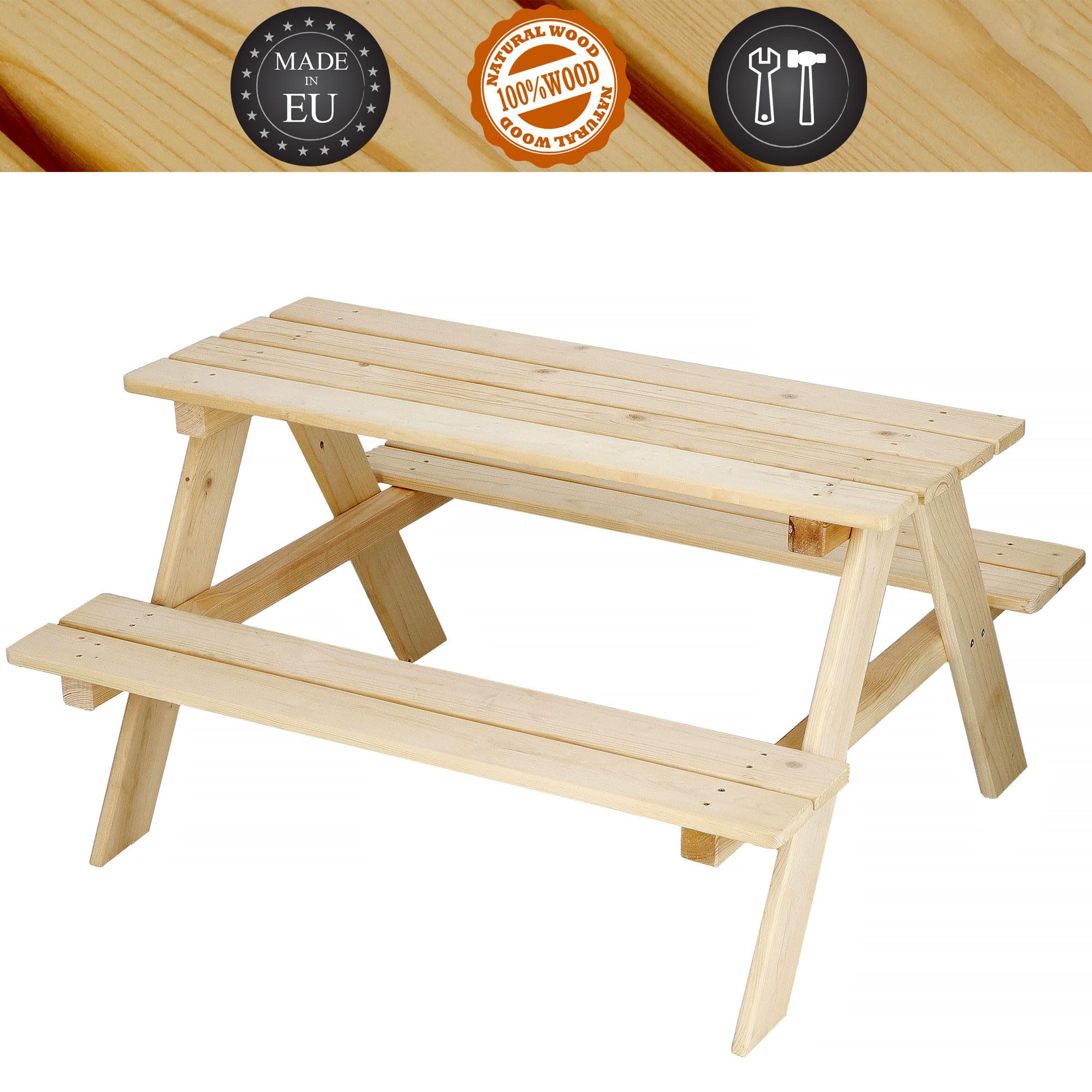 SPRINGOS Mesa de jardín 2 en 1 para niños, mesa de picnic 90 x 79 x 50 cm de madera maciza