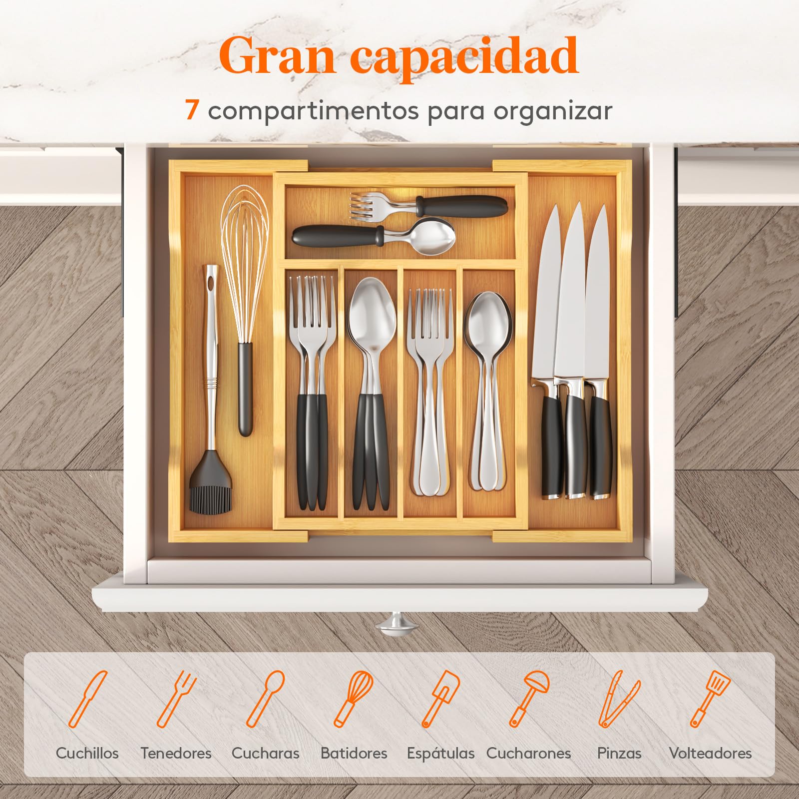 Lifewit Organizador Cubiertos de Bambú para Cajon, Extensible Bandeja Vajilla 24 a 40 cm, Profundidad de 33cm, Almacenaje Talheres para Cocina, Separador Ajustable para Utensilios/Cucharas/Herramienta