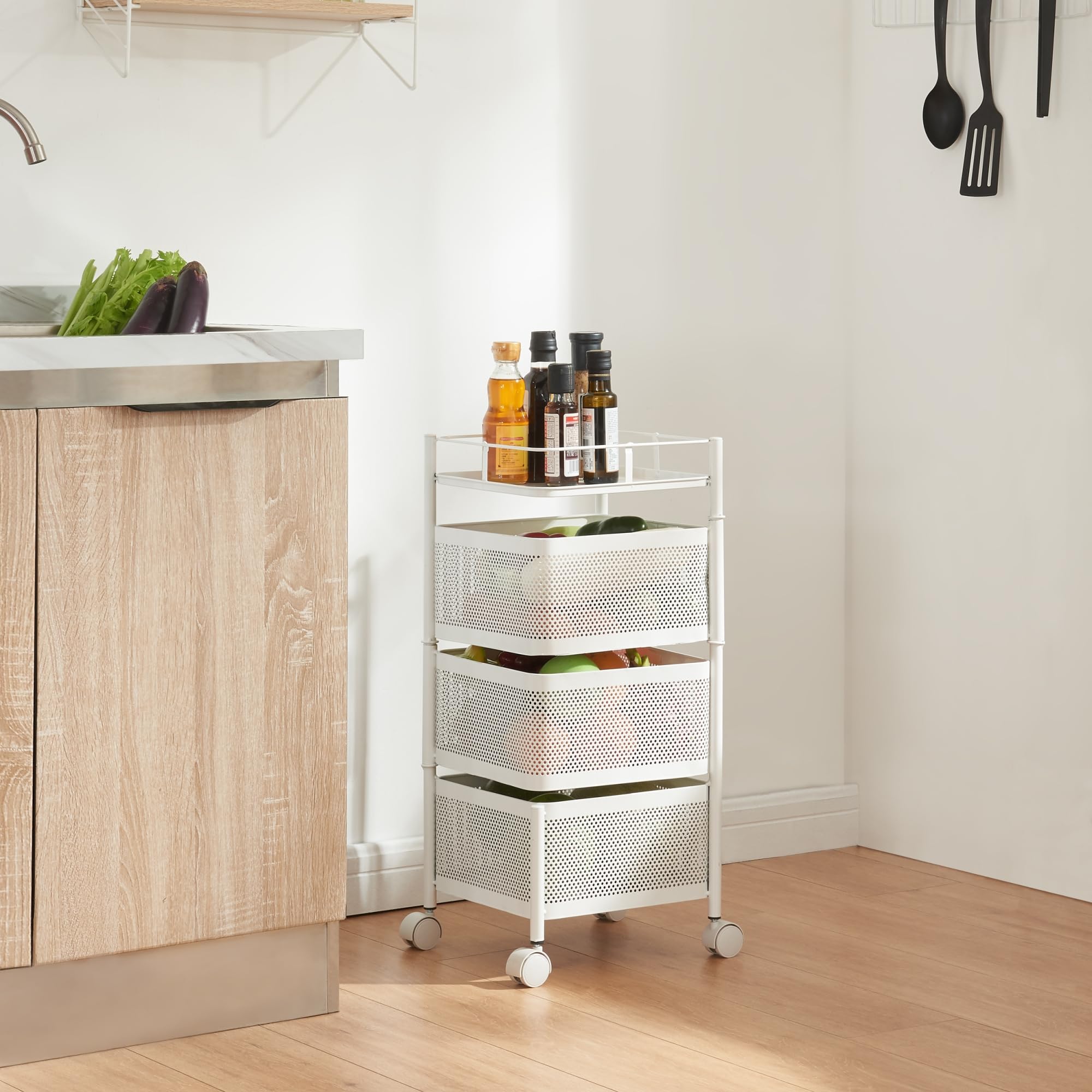 [en.casa] Rollwagen Sunndal mit 3 Ebenen mehrlagiges Küchenregal mit Rädern Servierwagen aus Stahl ausklappbare Körbe Regal für Küche, Bad 64,5x27x27cm Weiß