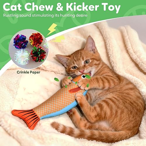 Miniatura 3 de Juguetes de hierba gatera Saury Fish, Cat & Kitten Chew Kicker Juguetes interactivos arrugados para gatos adultos aburridos en interiores y gatitos,