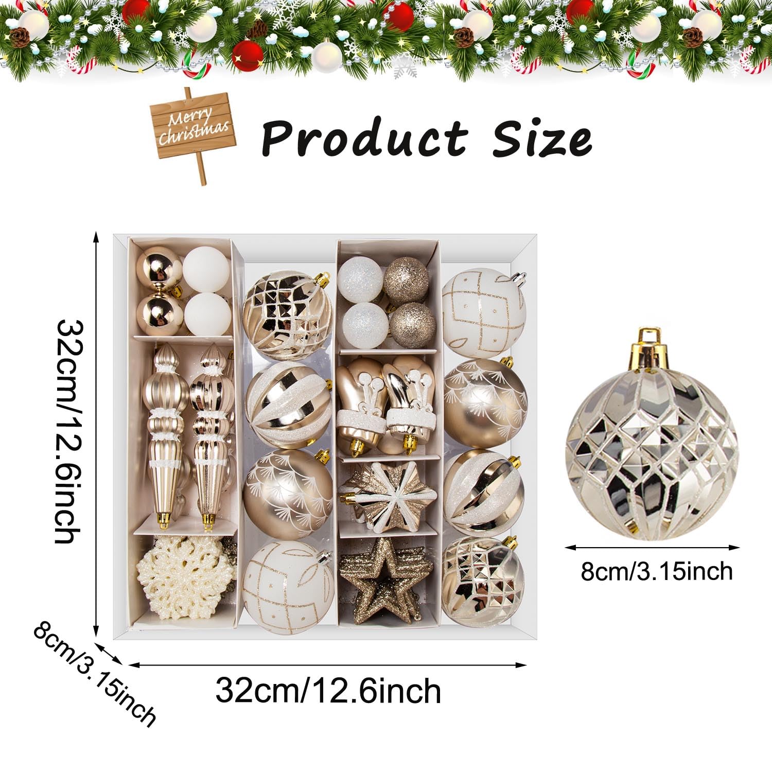 SVNVIOZ 70 Stück Weihnachtskugeln Set Champagner Weiß, Christbaumkugeln Kunststoff Deko Weihnachten, Weihnachtsbaumschmuck mit Aufhänger, Weihnachtsbaumkugeln für Weihnachtsdeko Innen Aussen