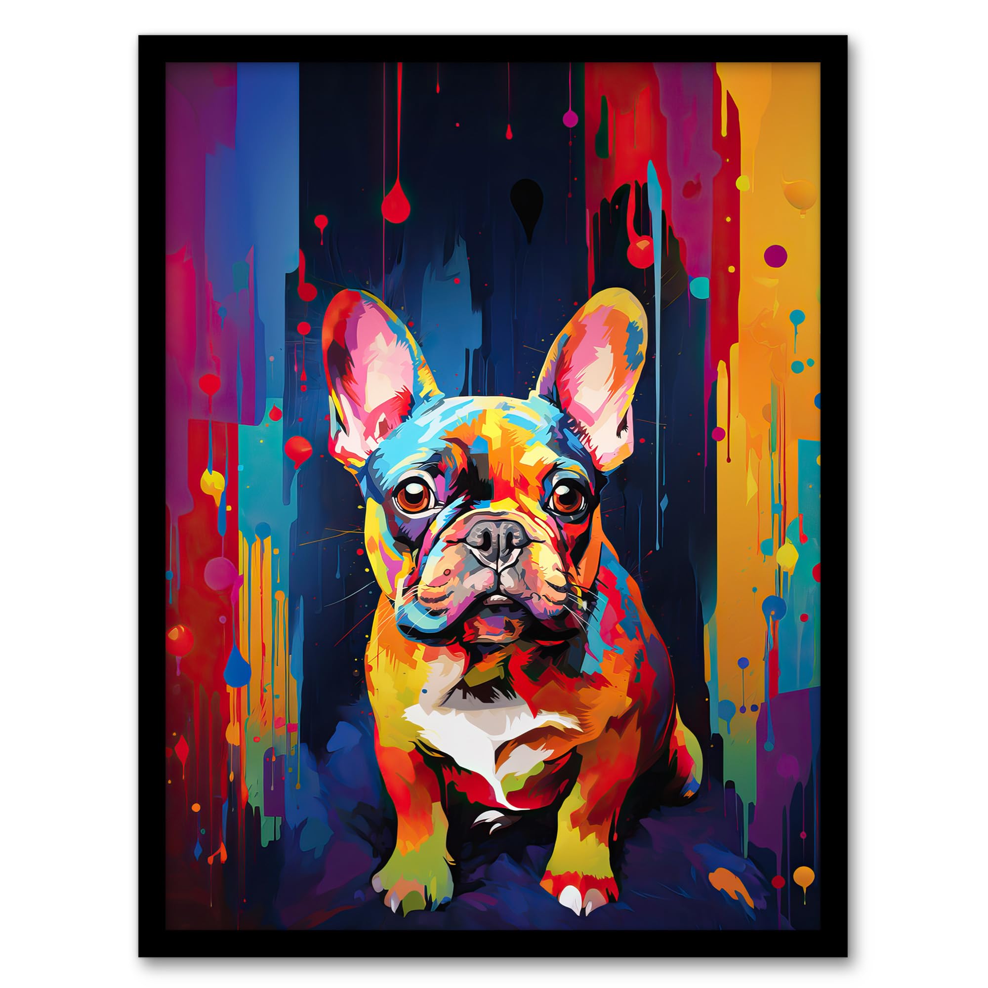Artery8 Framed 18X24" French Bulldog Dog Lover Gift Pet Portrait Colourful Neon Artwork Painting Artwork Framed Wall Art Print 18X24 Inch