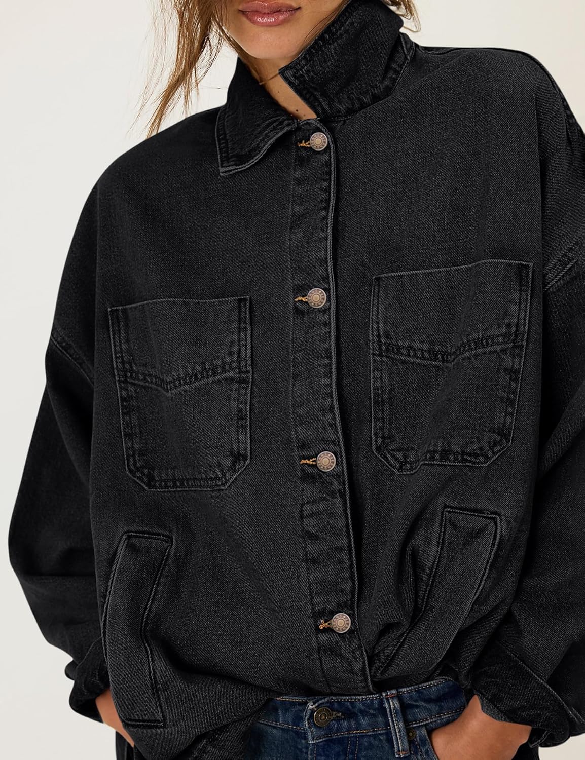 Jean Jacket for Women Oversized Shacket Denim Jacket Trendy Fall Outfits 2025 Split Button Down Boyfriend Shirts - Image 3