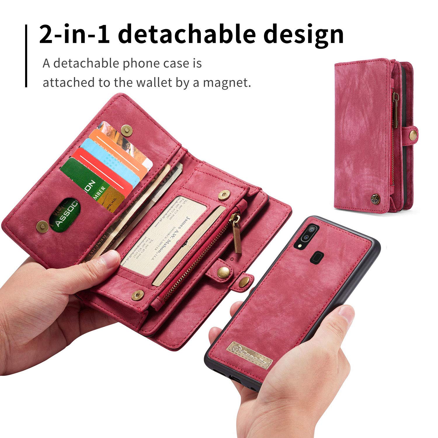 Simicoo Samsung A20 A30 - Portafoglio in pelle con cerniera e scomparti per carte di credito, con chiusura magnetica, con manico, antiurto, per Samsung A20 A30 (rosso, A20)