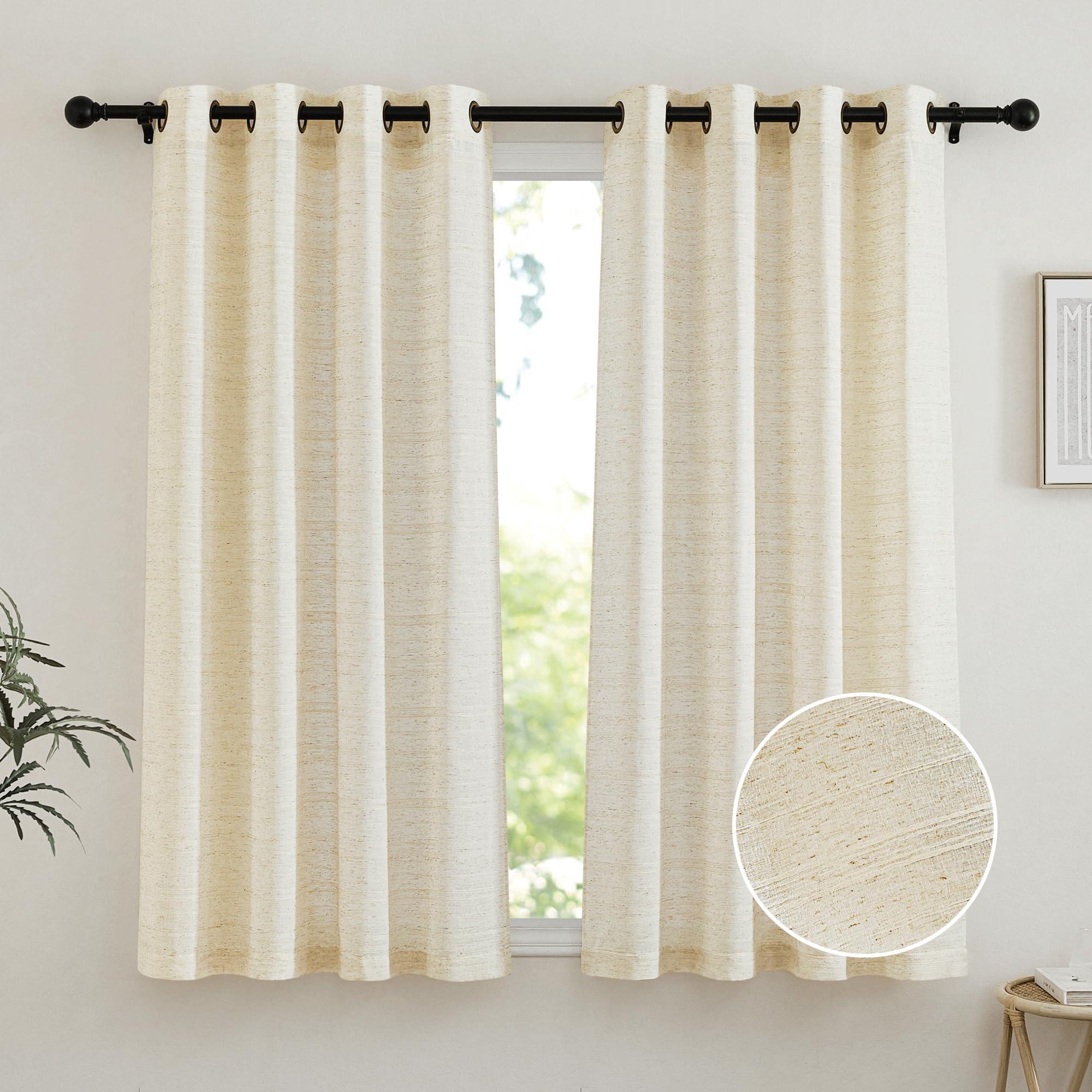 PONY DANCE Cortinas Salon Modernas 2 Piezas Cortinas Cortas para Ventanas de Dormitorio Decoracion del Hogar Cortinas Lino Visillos con Ojales 132x160cm Beige Claro