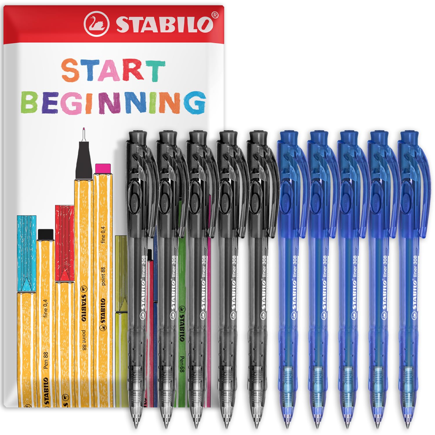 STABILO liner 308 - Retractable Ballpoint Pen - Fine 0.7mm Nib Pens - Envelope Gift Pack of 10 (Black, Blue)