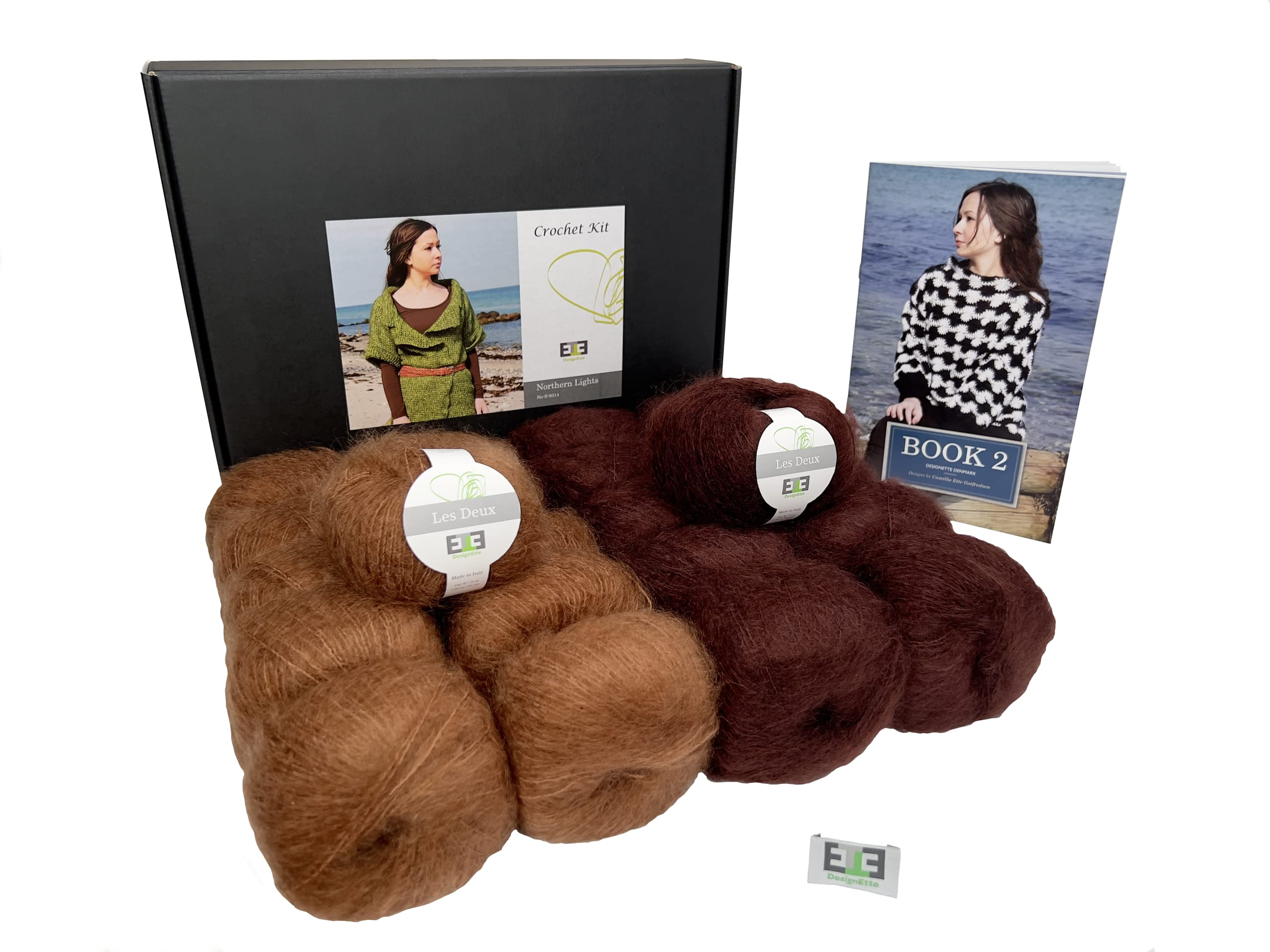 DesignEtte Crochet Kit Northern Lights 100 Percent Raw Silk And Super Kid Mohair X-Large Mocha/Brown No-S-9314 Includes Yarn Pattern Booklet And A Label, XL
