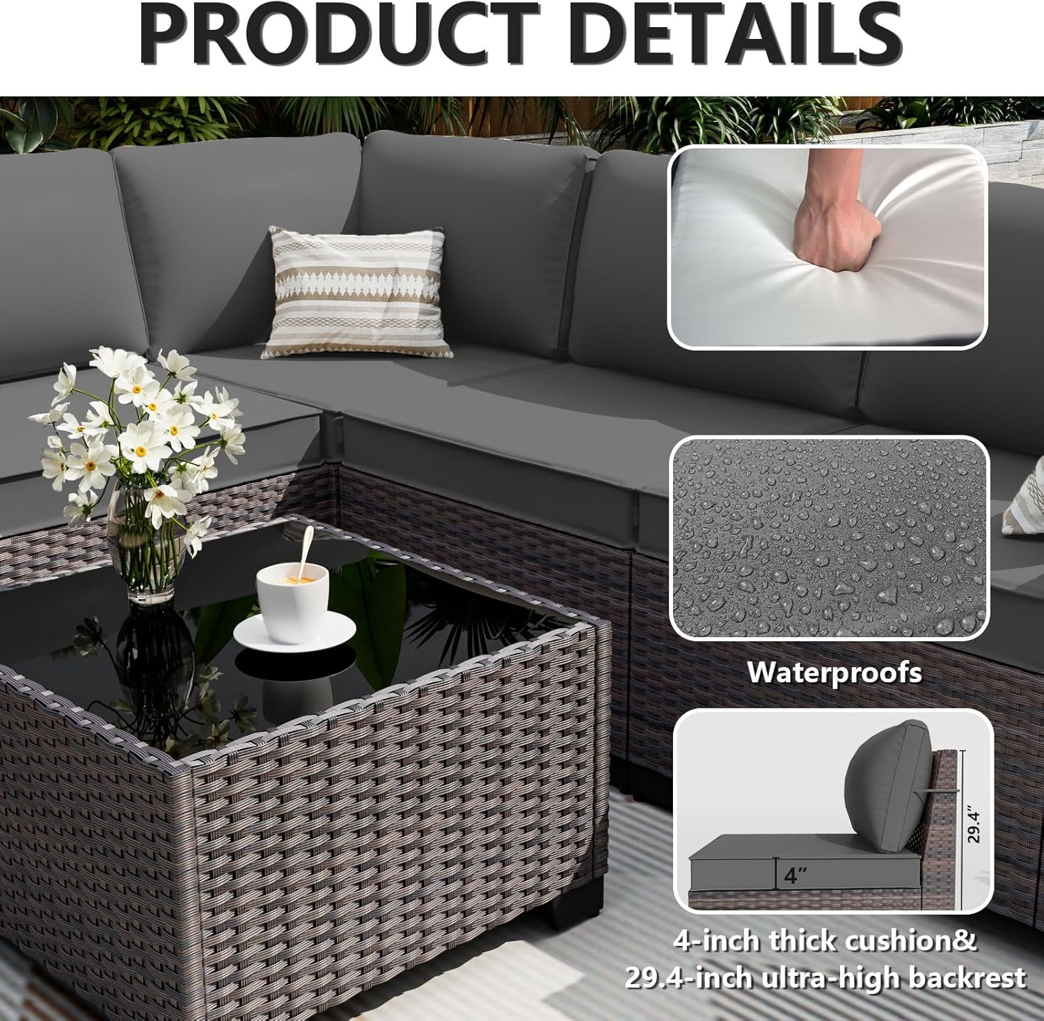 Close-up showing the waterproof quality of the cushions and the thickness of the seat cushions.