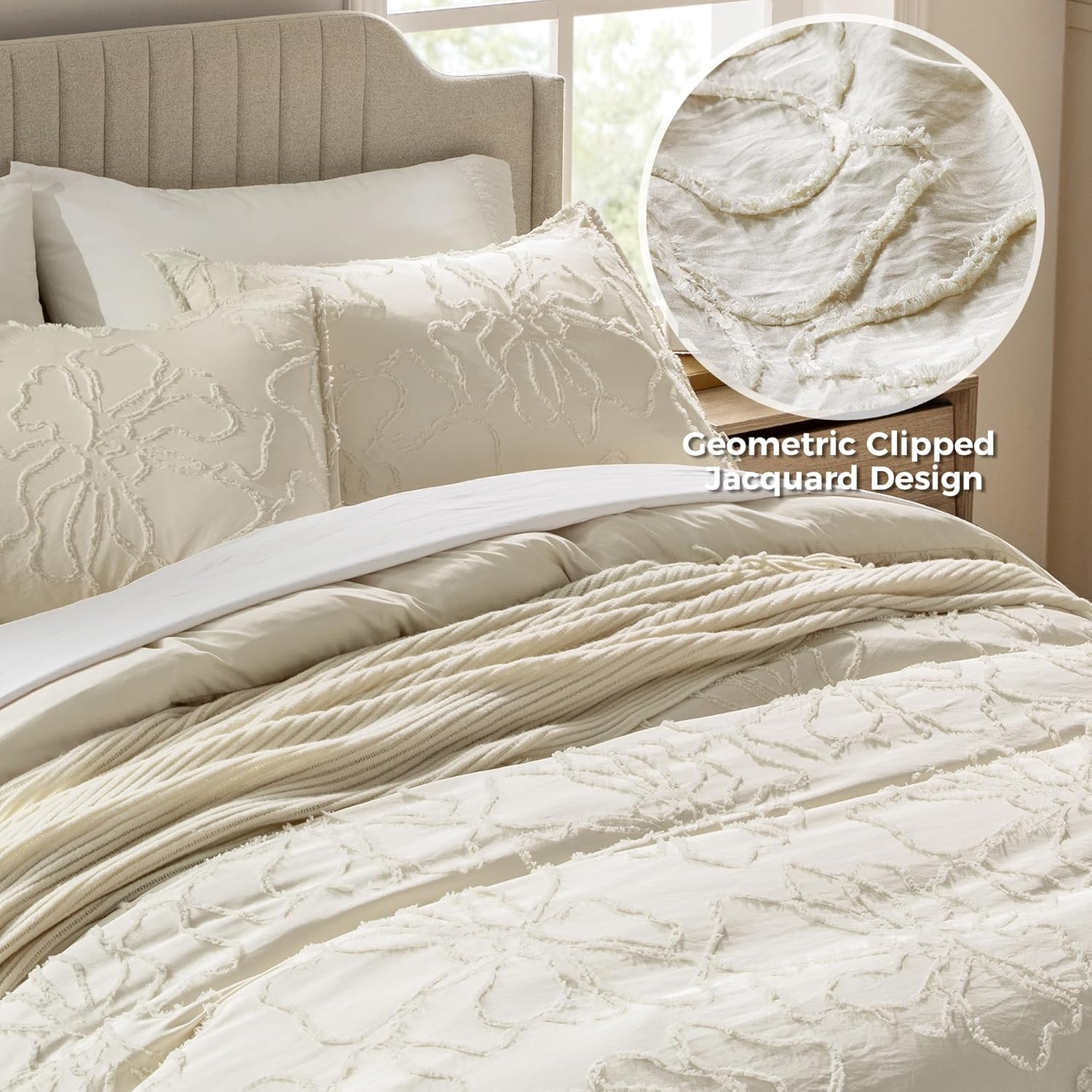 TINA'S HOME Duvet Cover Queen Size - Tufted Boho Duvet Cover Set for All Season, 3PCS- 1 Beige Washed Microfiber Duvet Cover with Zipper and 2 Pillow Shams, Chic Bedding Comforter Cover Set