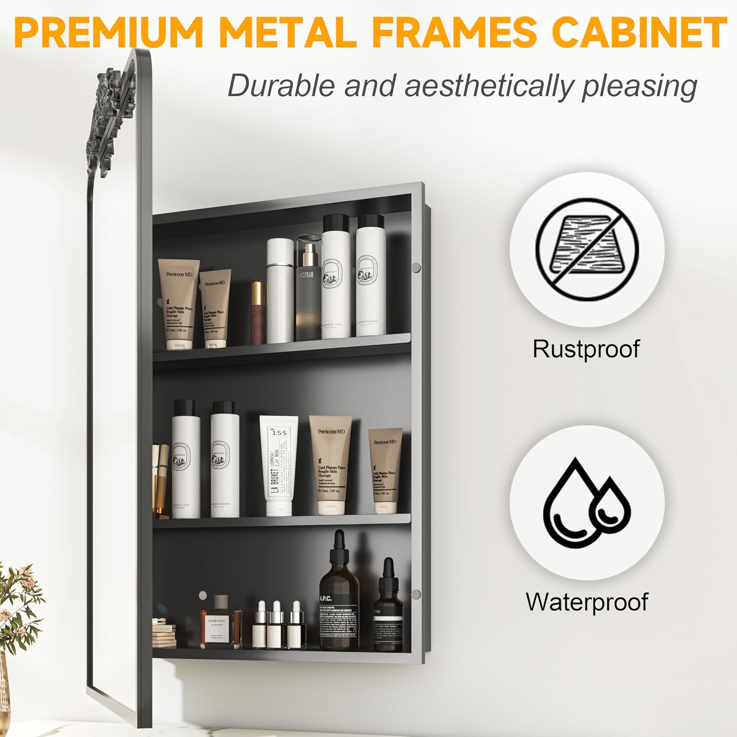 24"x16" Bathroom Medicine Cabinet with Vintage Arched Mirror - All-Metal Black Medicine Cabinets with Hand-Painted Aluminum Door Frame, 2 Stable & Removable Shelves，Black