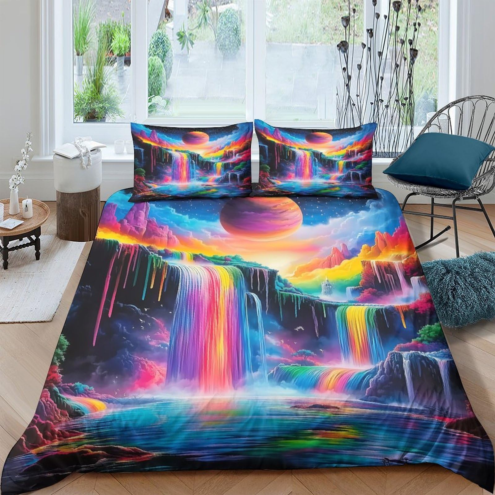 Ctjqhvkz Style-2 3D Printed Rainbow Waterfall Fitted Sheet Microfiber Soft Breathable Fantasy Sunset Mattress Cover Bedroom Decor Single（135X200cm）