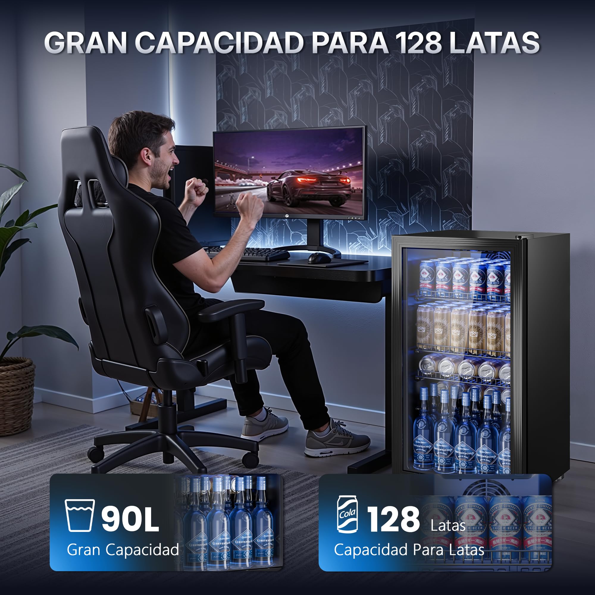 TRIUMPHKEY Frigorífico para Bebidas 90L con Puerta de Vidrio, Capacidad para 128 Latas, Estantes Ajustables para Cerveza, Vino y Refrescos, Mini Nevera Ideal para Hogar, Bar y Oficina