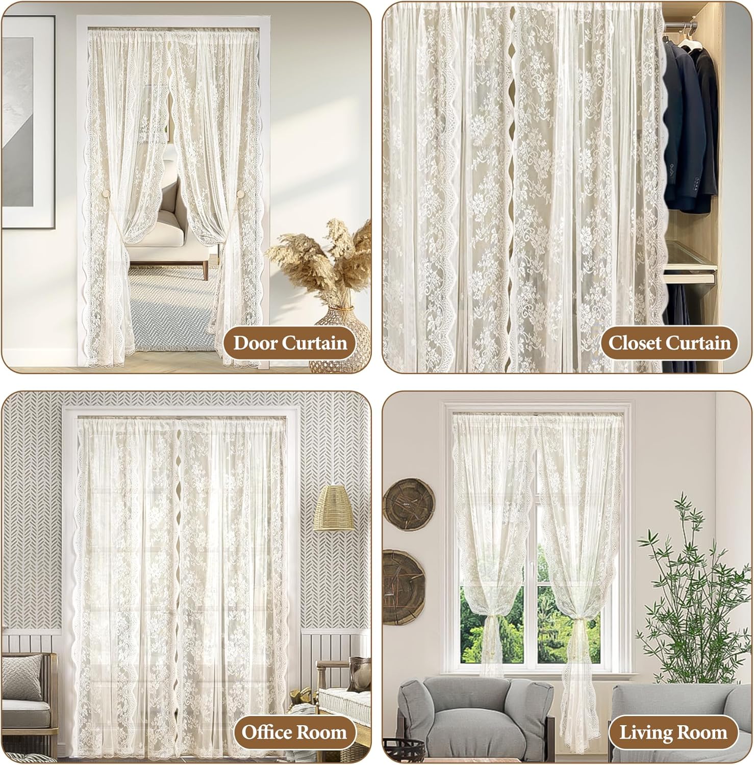 UNISTAR Lace Sheer Door Curtains with Rod, Luxury Vintage Floral Lace Curtains for Livng Room Room Divider Closet Rod Pocket 55 W x 80 L Inch (2 Panels+Rod)