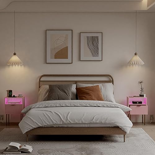 Miniatura 7 de Moderna mesita de noche con estación de carga y luces LED, mesita de noche blanca con cajón, mesa auxiliar acanalada para sala de estar, dormitorio
