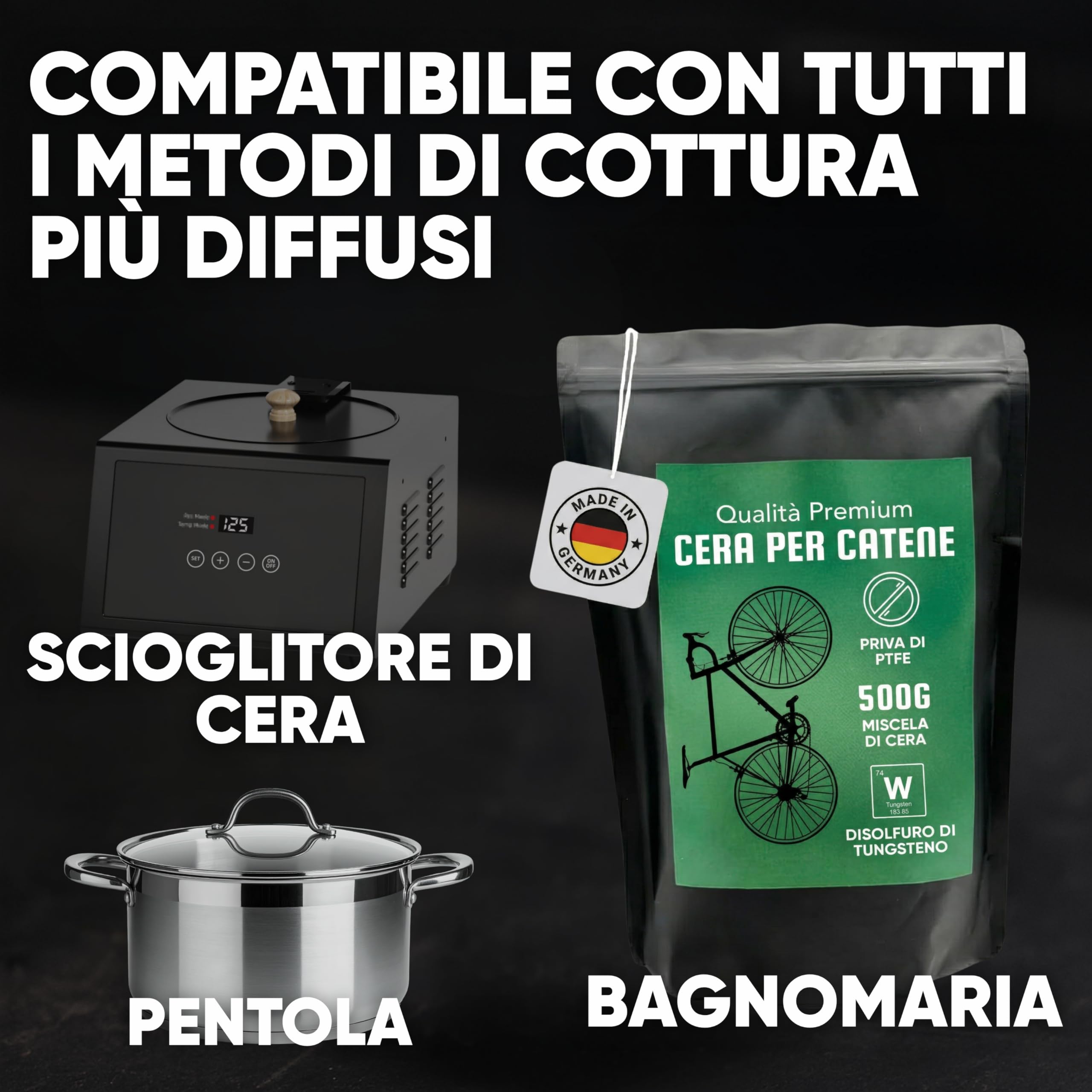 24SENDIT Cera per catene da bicicletta - 500g di cera calda per catene premium dalla Germania – per bici da corsa, gravel, MTB ed e-bike - facile da usare, senza PTFE