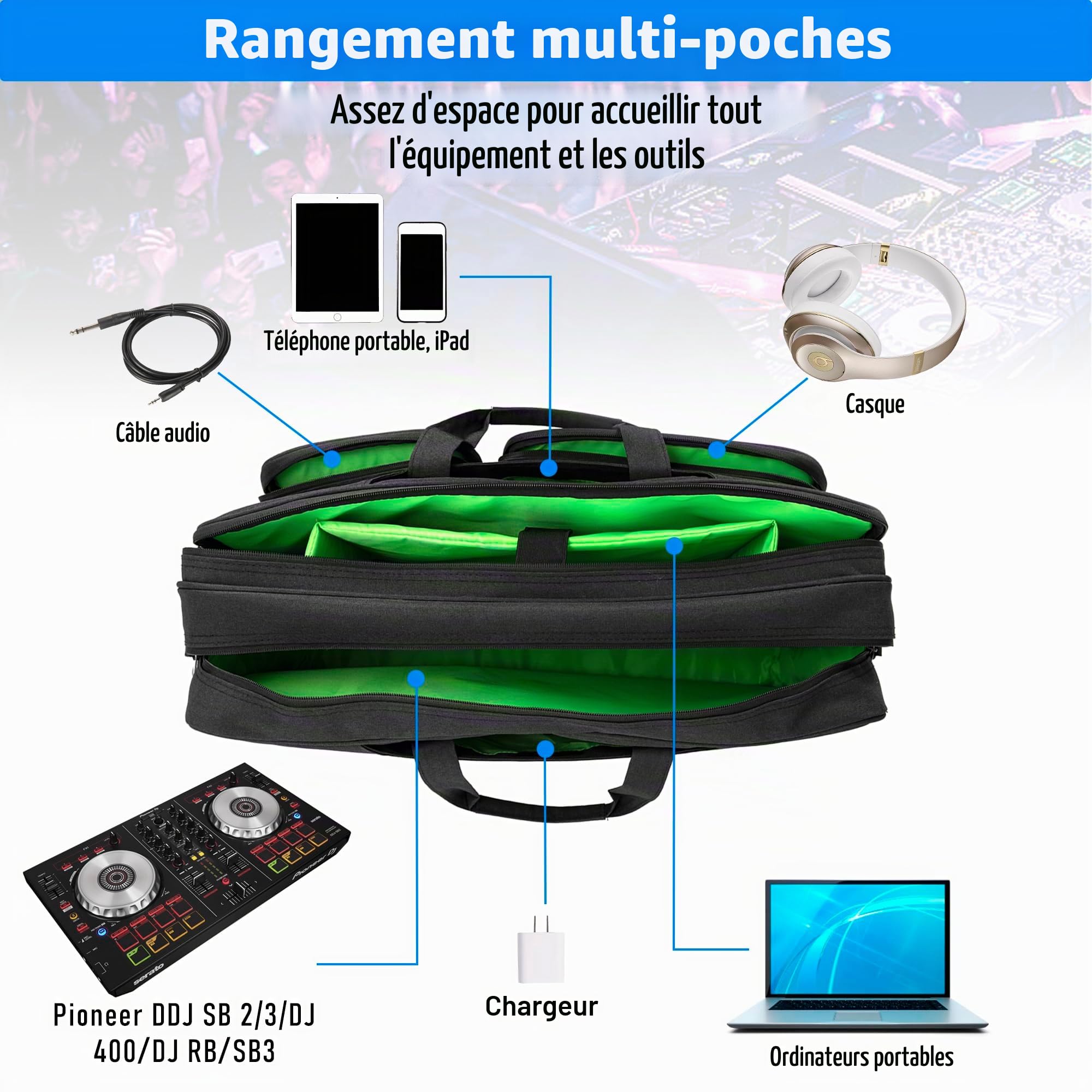 AKOZLIN Sacoche pour DJ, pour Pioneer DJ Lite DDJ-SB3/DDJ-SB2/DDJ-400/DDJ-RB, Organisateur pour contrôleur DJ, Sac de voyage pour contrôleur DJ, Sacoche de transport pour DJ avec bandoulière, FLX4