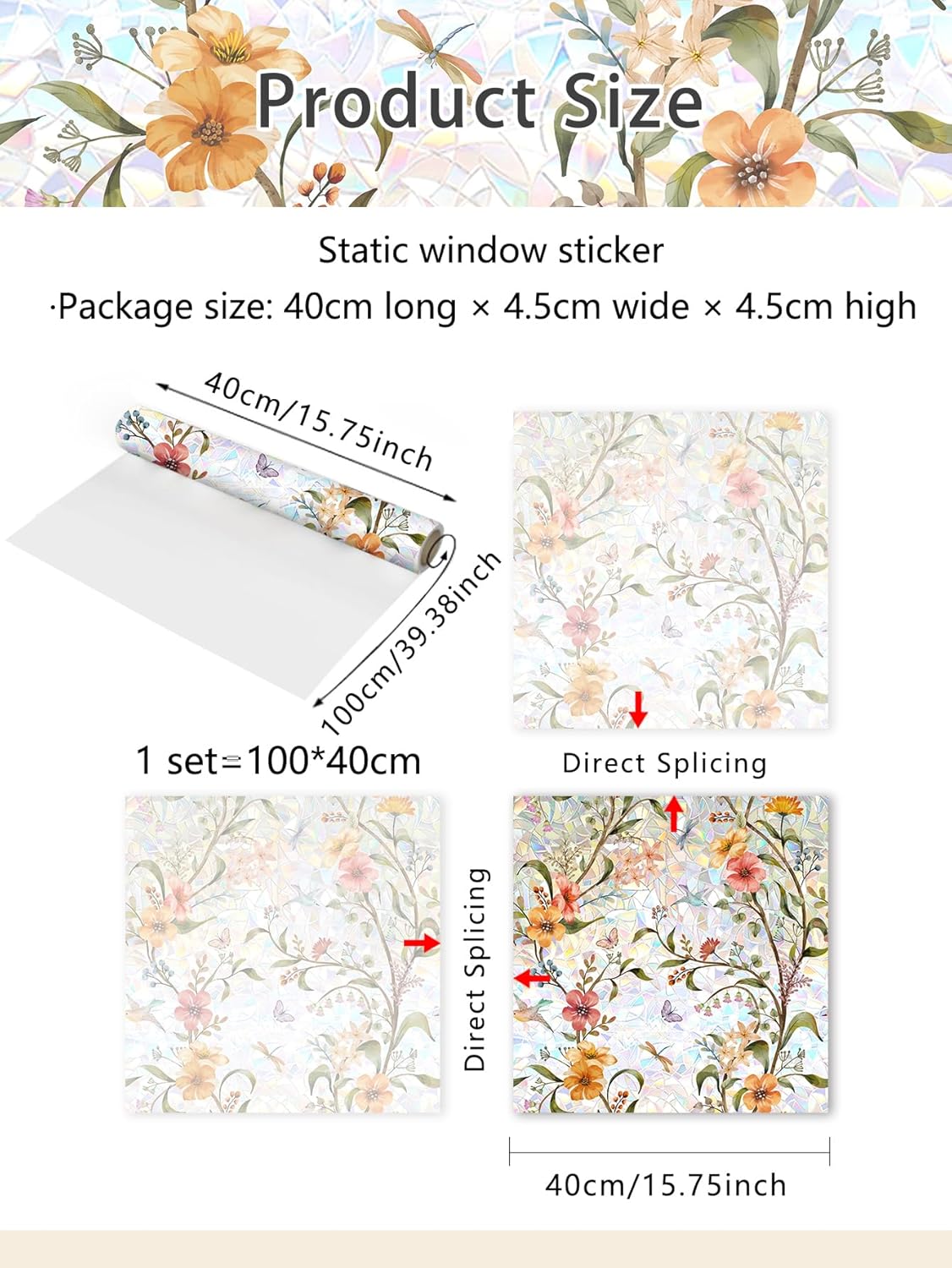 Stained Glass Floral Window Film Wall Stickers - Window Privacy Film Glass Decals Peel & Stick Wall Art Decor for Home,40 cm x 100 cm