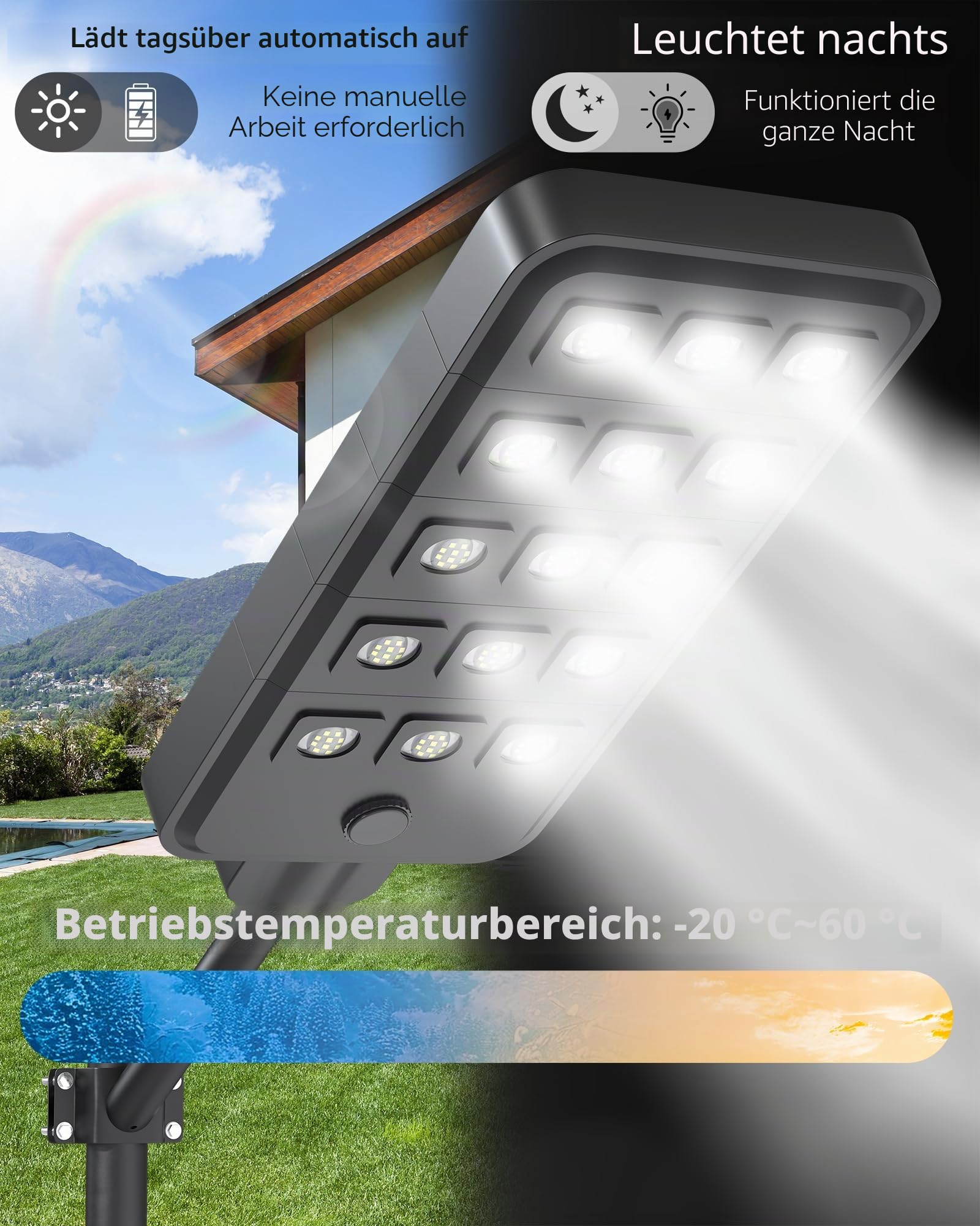 Ofuray Of-15000W Solar Straßenlaterne mit Bewegungssensor, 150 LEDs, 6500K, IP67 Wasserdichte, Solarstrahler Außen, Solarlampen für Außen für Gärten Garage Straßen