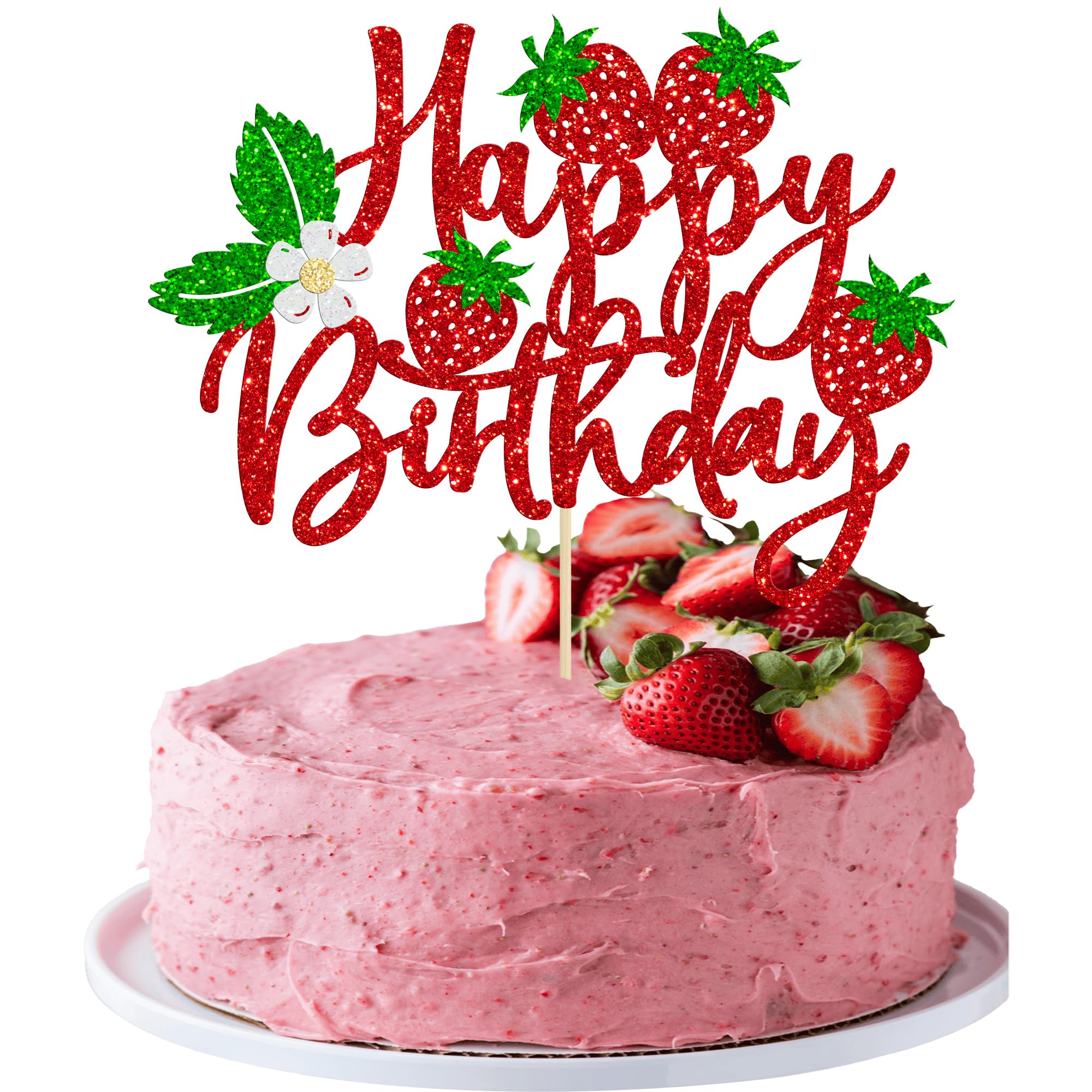 Gyufise 1Pc Strawberry Happy Birthday Cake Topper Glitter Flower Fruit Theme Birthday Berry Cake Pick Decorations for Strawberry Theme Baby Shower Kids Birthday Party Decorations Supplies Red 3