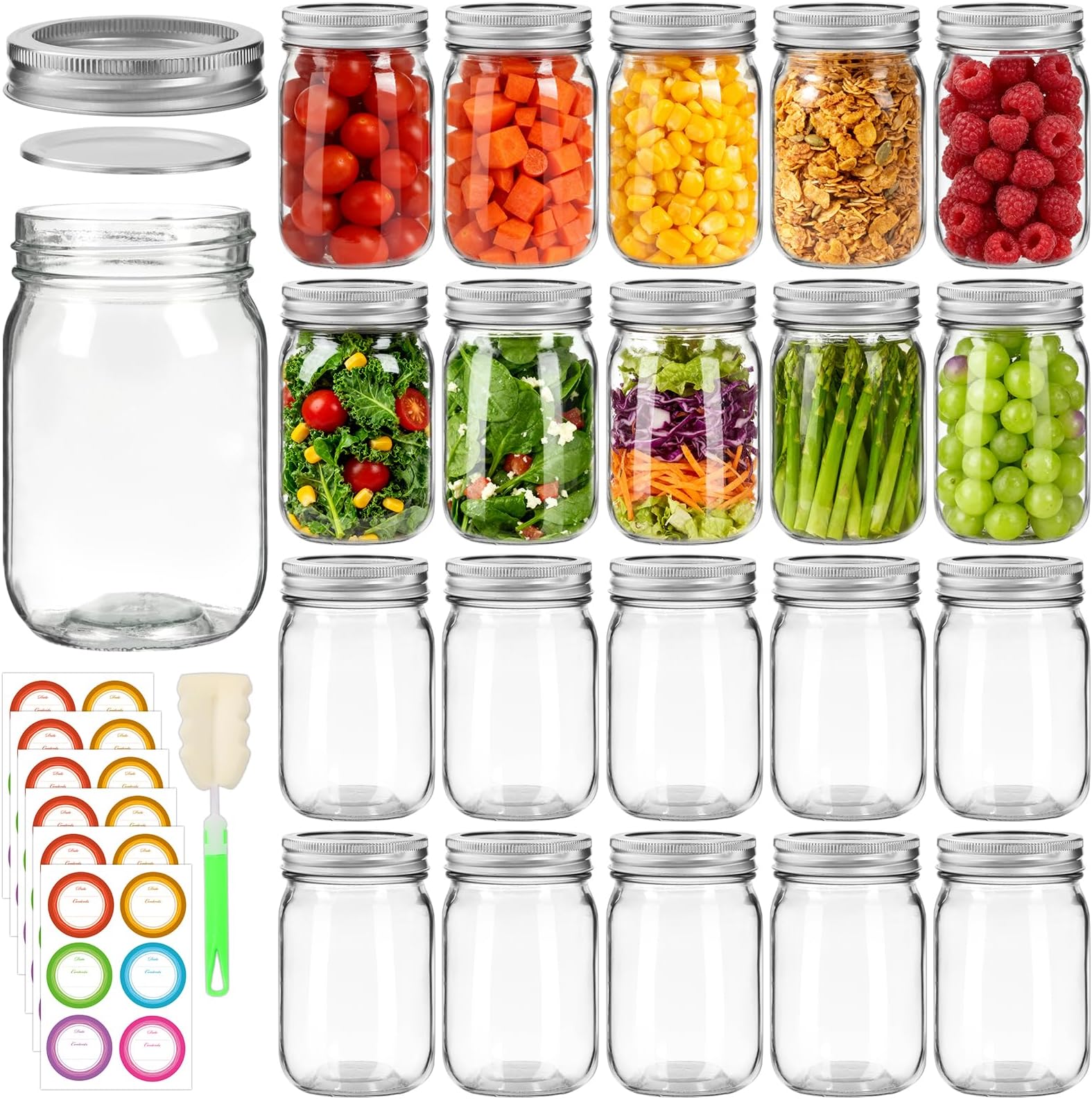 20 Pack 12 oz Mason Jars with Lids and Bands, Regular Mouth Glass Canning Jars with Labels and Brusher for Storage, Canning & Preserving, Dishwasher & Microwave Safe