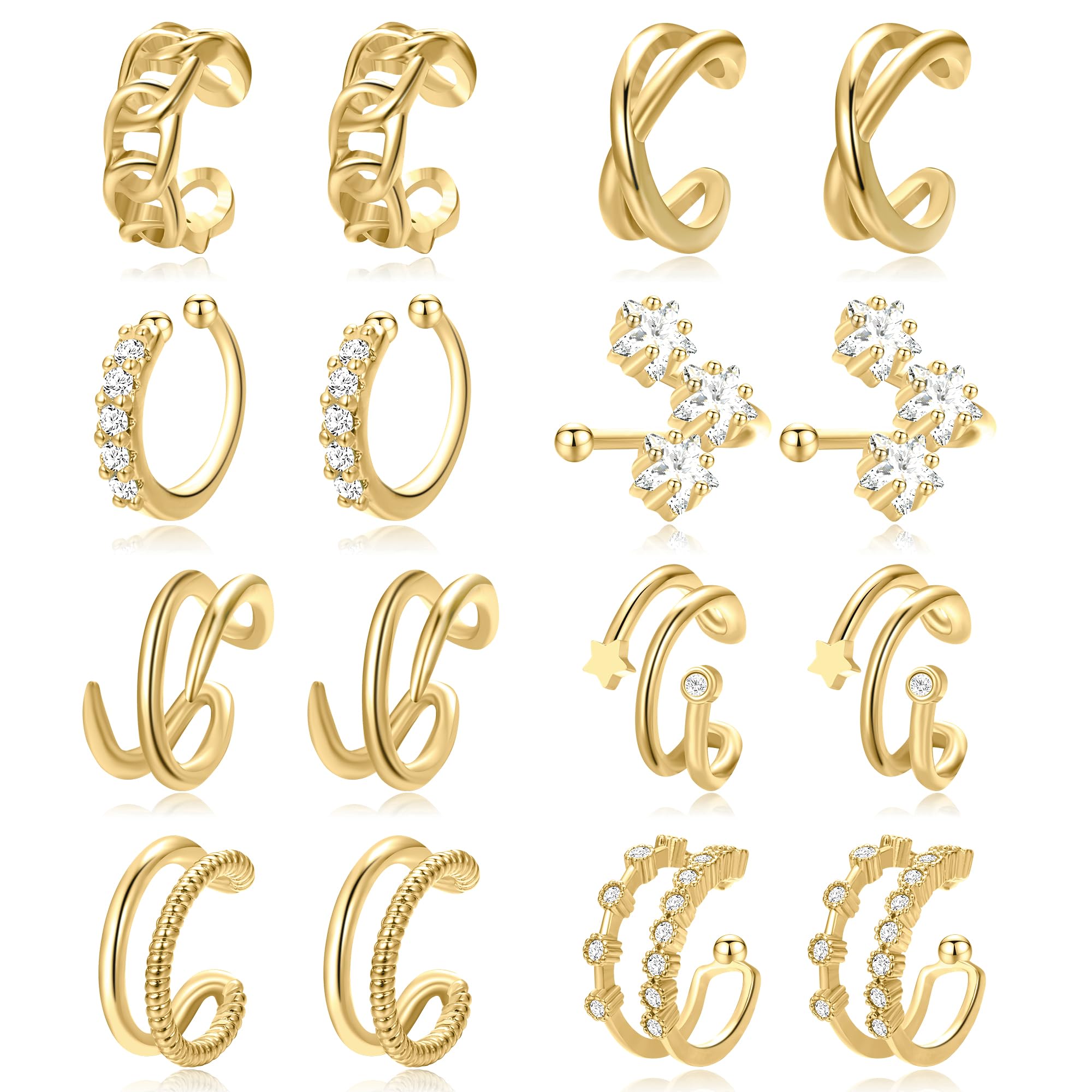 17KM16 Pcs Fake Clip on Earrings for Women Non Piercing, Adjustable Fake Ear Cuffs Clip On Earrings Set for Gift