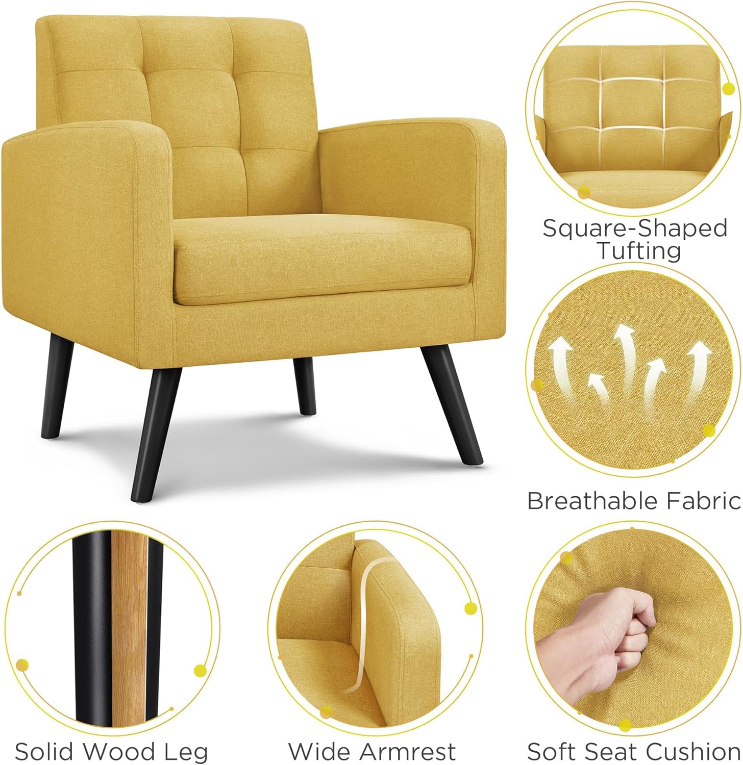 Yaheetech Mid-Century Accent Chairs, Modern Upholstered Living Room Chair, Cozy Armchair Button Tufted Back and Wood Legs for Bedroom/Office/Cafe, Yellow