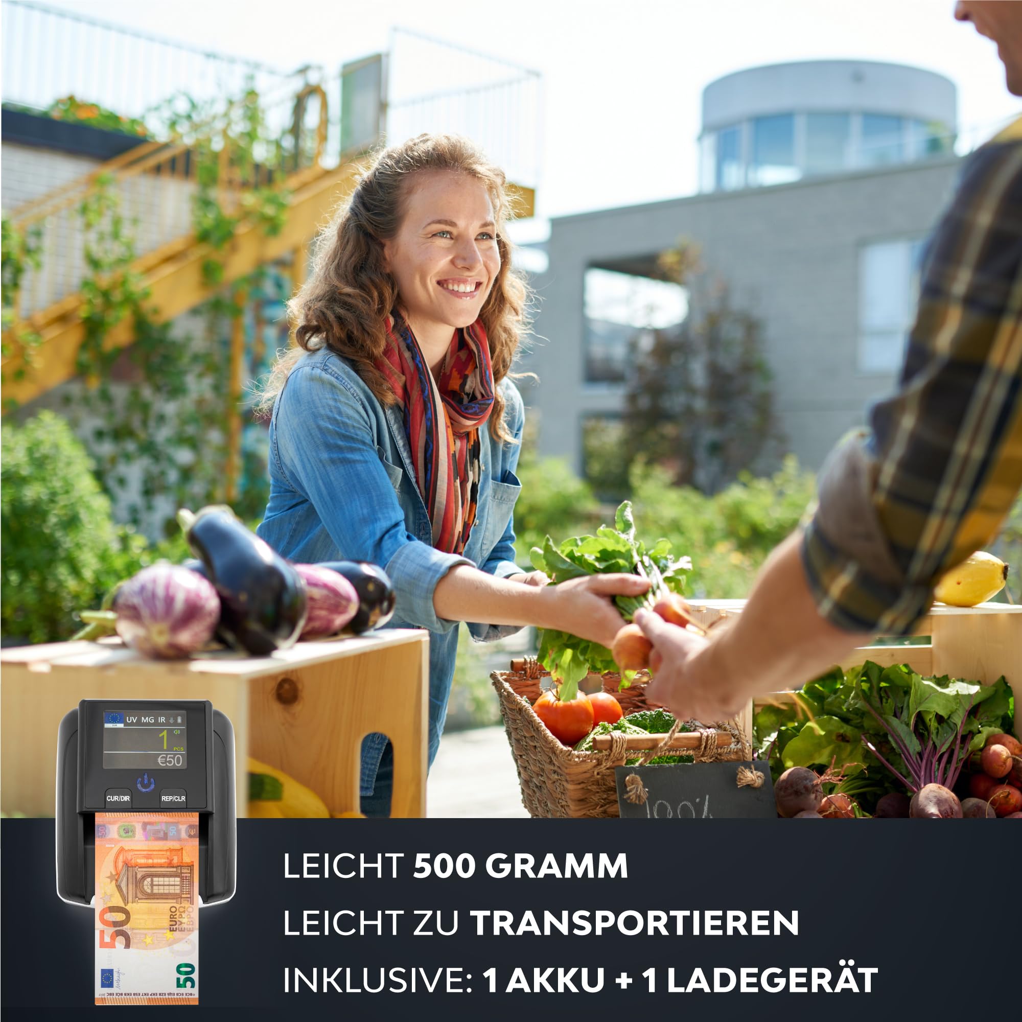 Geldscheinprüfer – Geldprüfgerät mit UV/MG/IR – Für Euro, Dollar, Pfund – Tragbar mit Akku