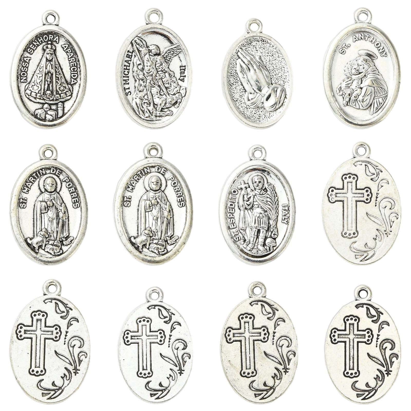 Stiesy 60Pcs Religion Theme Alloy Pendants, Antique Silver Tibetan Styles Oval with Cross Charms for Jewelry Making, 26x16.5x3mm Beads, 1.5mm Hole DIY Bracelet Necklace Findings