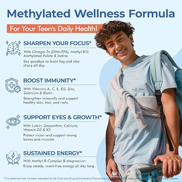 Methylated Multivitamin for Teen & Kids, Boys & Girls Vitamins Gummies 4-19 | 5-MTHF Methylfolate, Methyl B12, Omega3, Multi-Minerals, Teen Focus & Energy, Growth, Skin, Eye & Immune Support, Sugar-Free