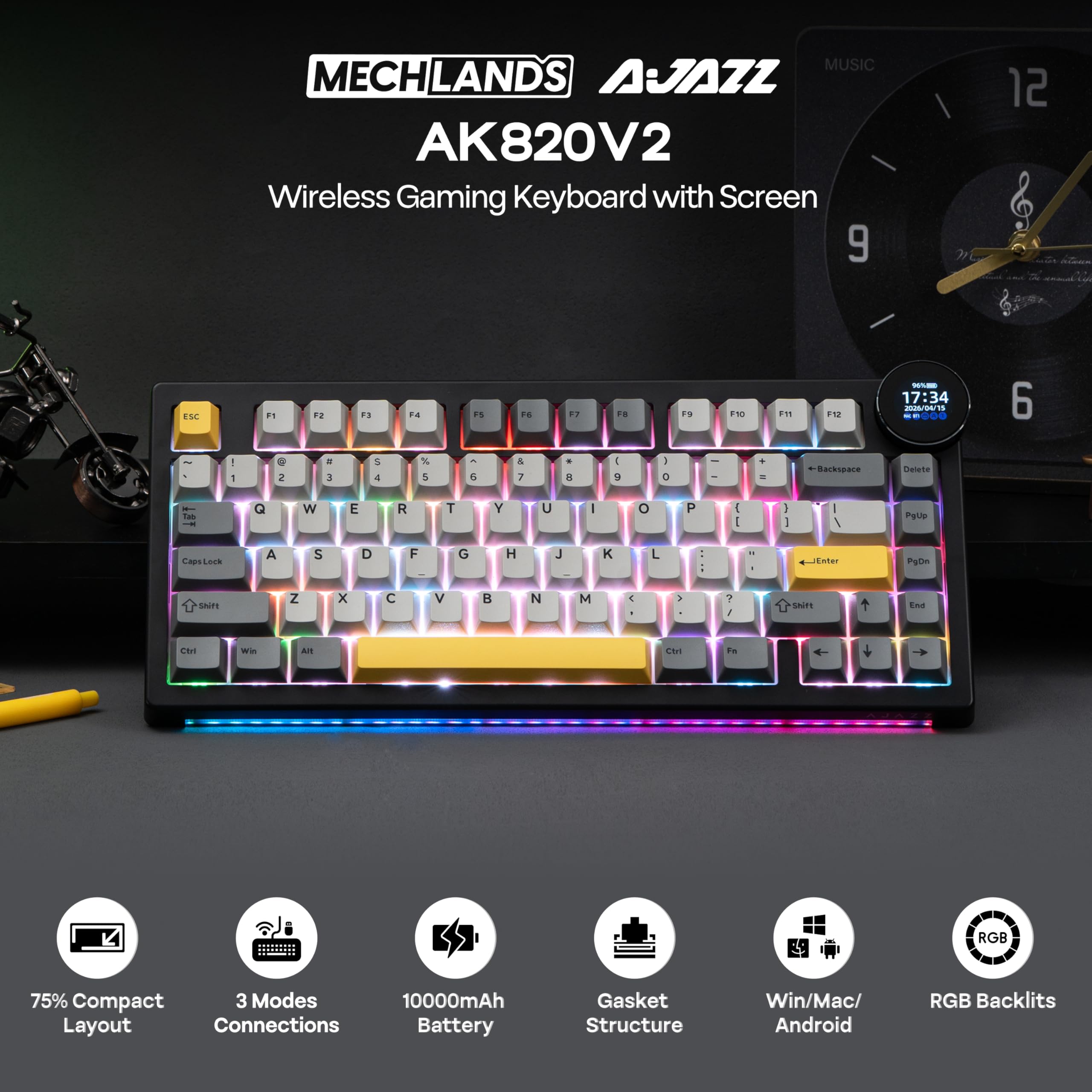 MechLands AJAZZ AK820V2 Tastiera da gioco wireless 75% con schermo TFT da 0,91" e manopola, tastiera meccanica cremosa con batteria da 10000 mAh, hot swap, RGB per Windows/Mac (nero grigio)