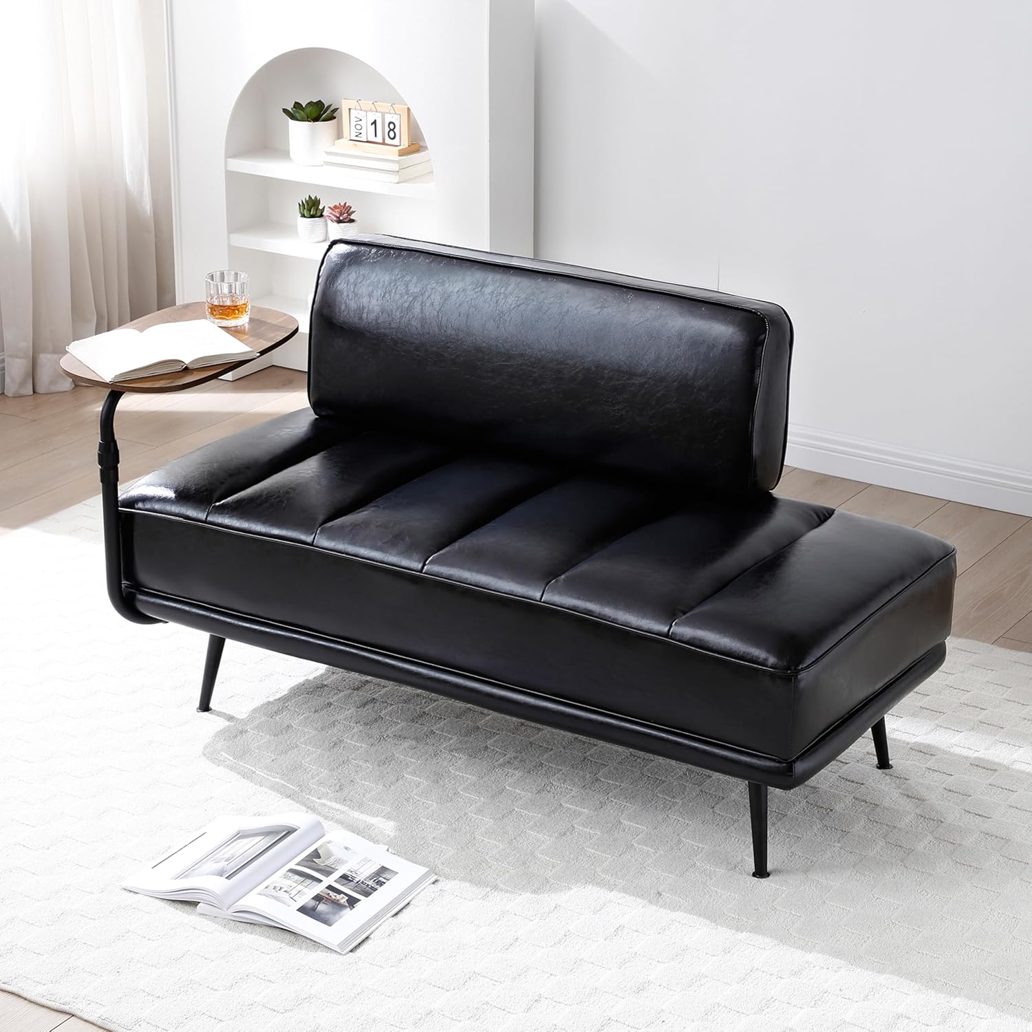 Aoowow PU Leather Ottoman Bench for Living Room,55" Channel Tufetd Small Loveseat Sofa Couch with Adjustable Wooden Stand,Modern Bedroom Benches for Bed End,Entryway,Window.