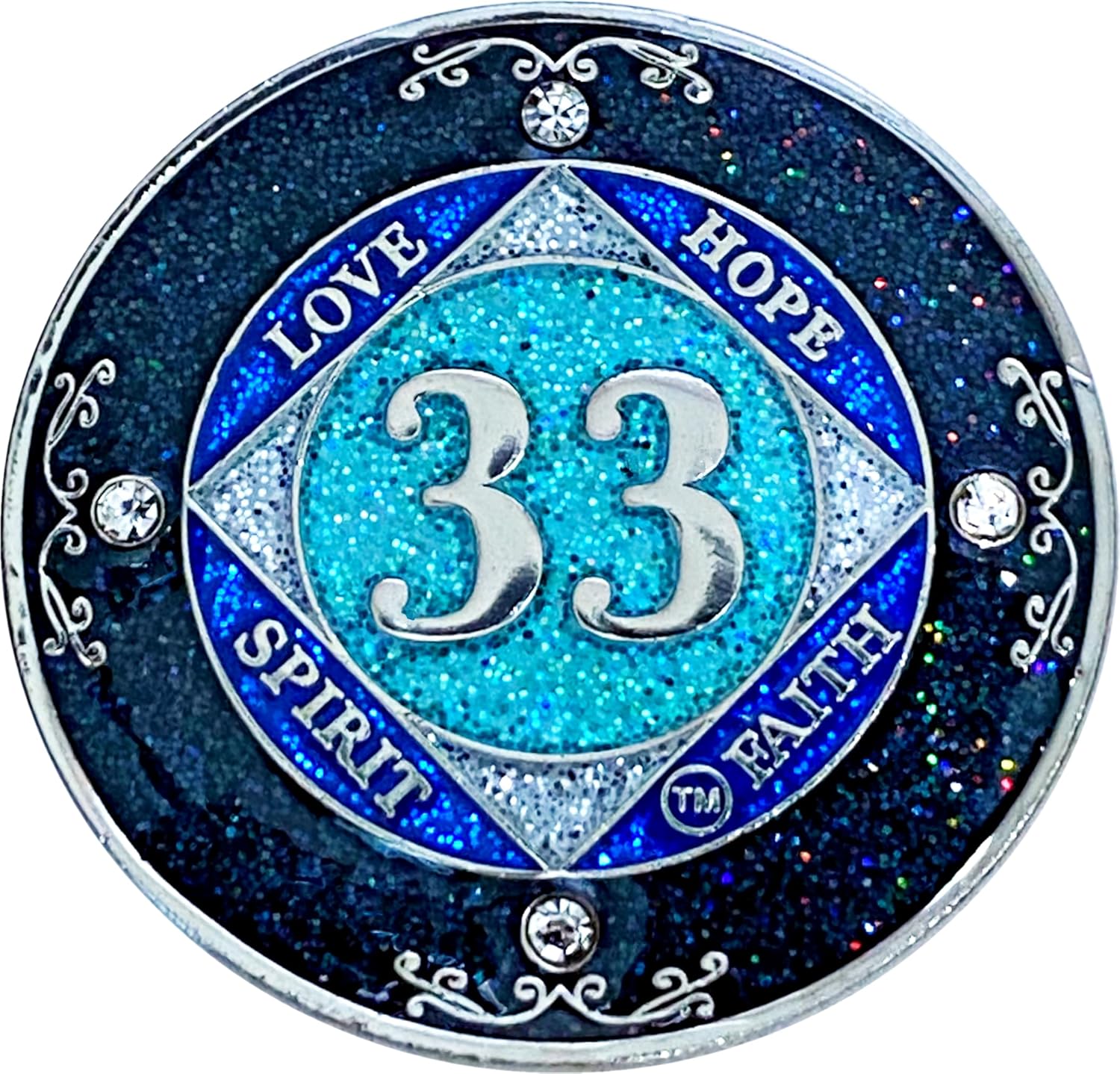 (Years 1-50) NA 33 Year Crystals and Glitter Medallion, Silver Color Plated Coin, Black Rainbow, Blue Glitter and Four Clear Crystals, Epoxy Covered (NA 33 Year Clean Time)