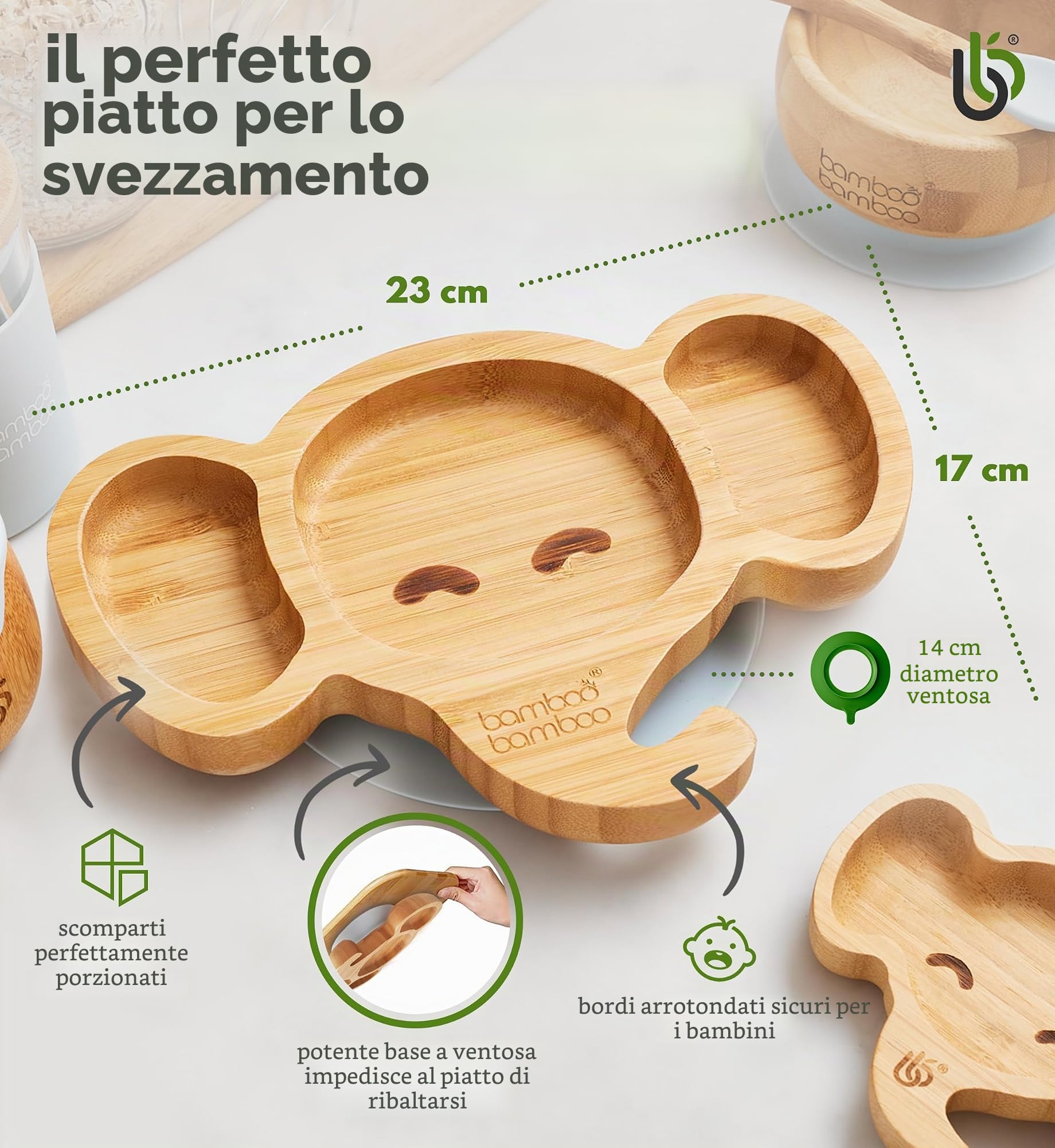 bamboo bamboo Piatto Baby & Ciotola Svezzamento Set, Ventosa per Pappa e Svezzamento, Piatto Elefante Bamboo, Ciotola Toddler & Cucchiaio Baby, Piatti per Bambini da 6 Mesi (Elefante, Grigio)