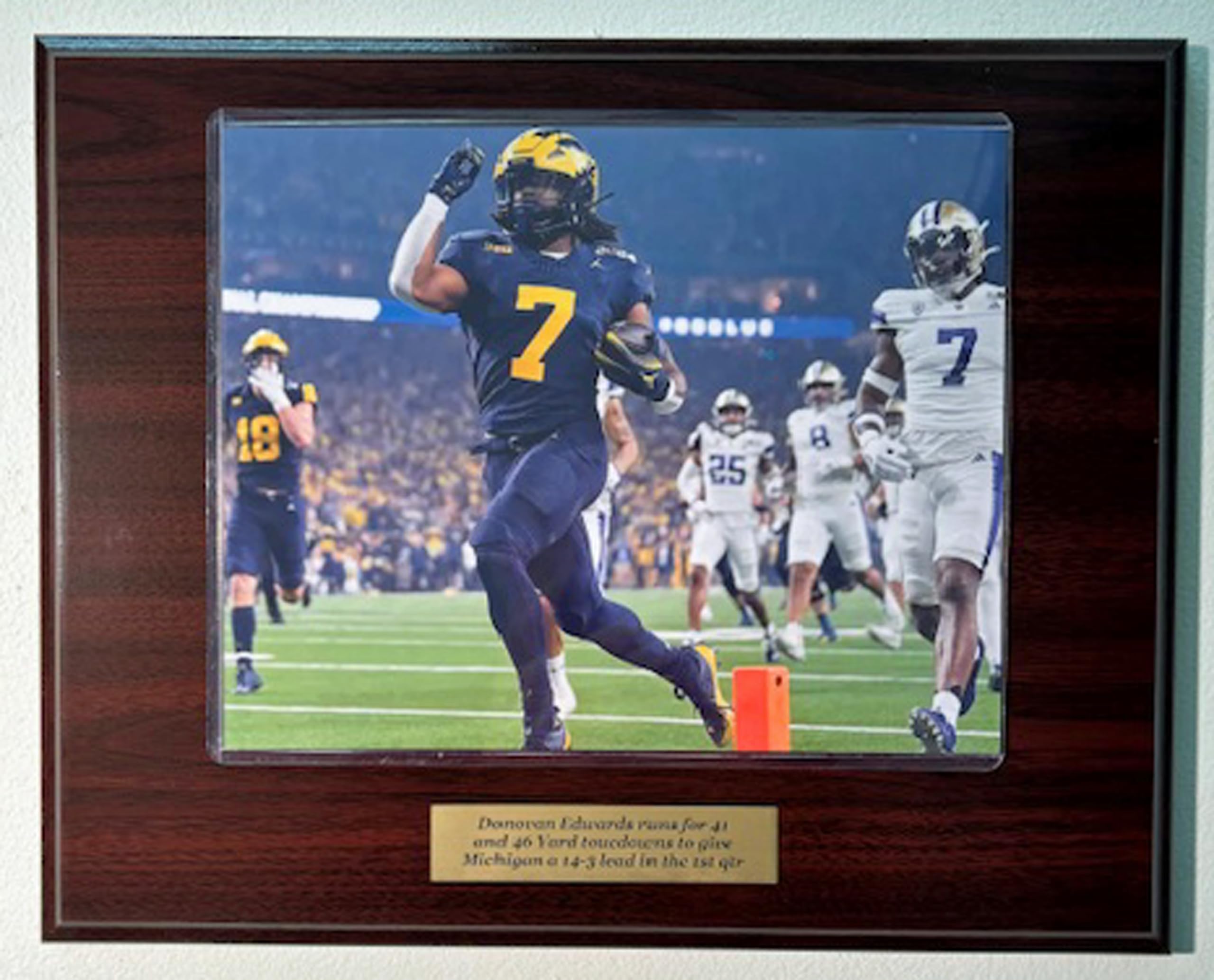2023-24 National Champions Michigan Wolverines Donovan Edwards 8x10 Photo Plaque with an Engraved Nameplate - optional plaque color (Mahogany)