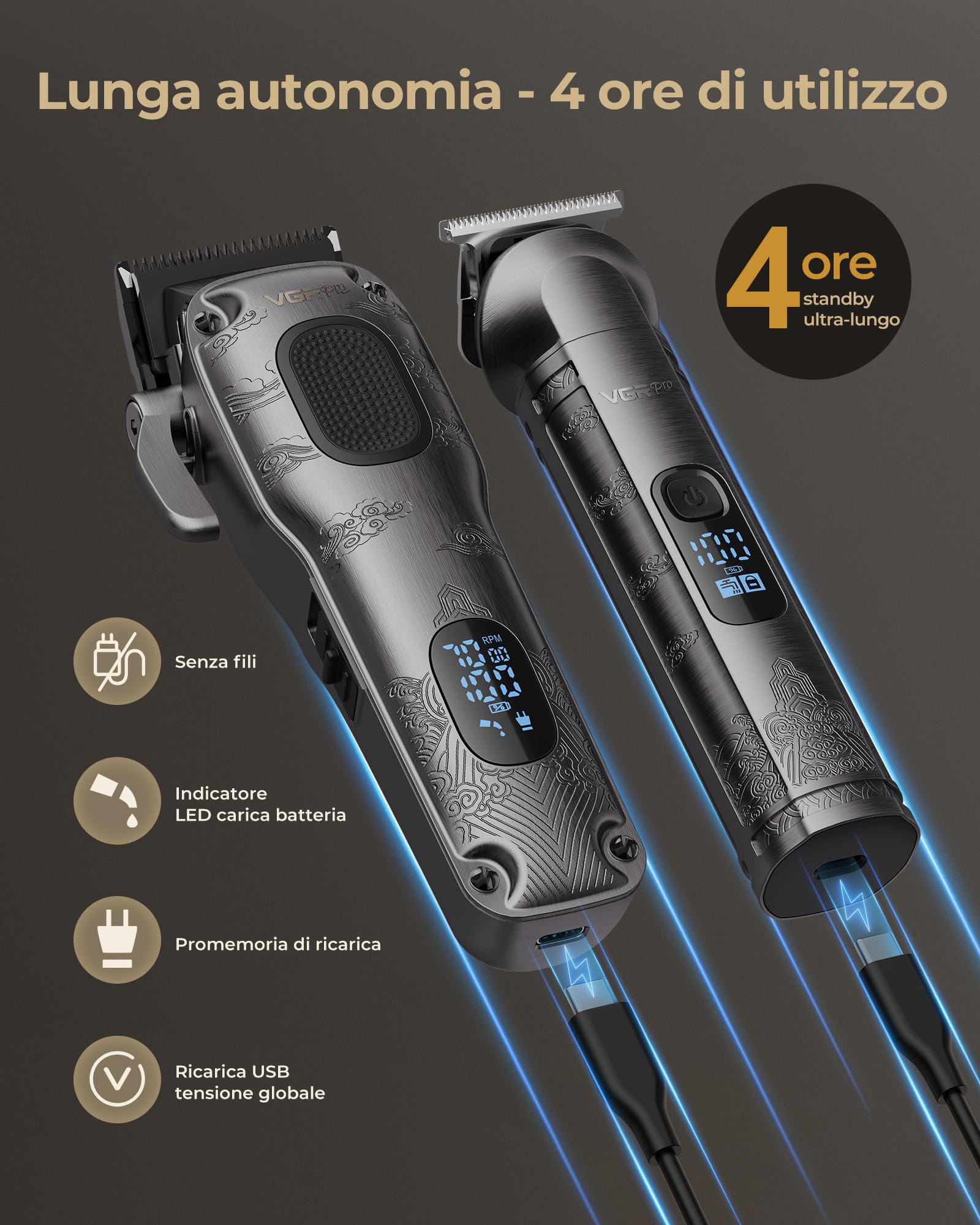 Vgrpro Tagliacapelli uomo professionale, Tagliacapelli Senza Fili per Macchinetta per Capelli, set di Capelli Trimmer e Taglia capelli uomo elettrico Con confezione (Grigio)