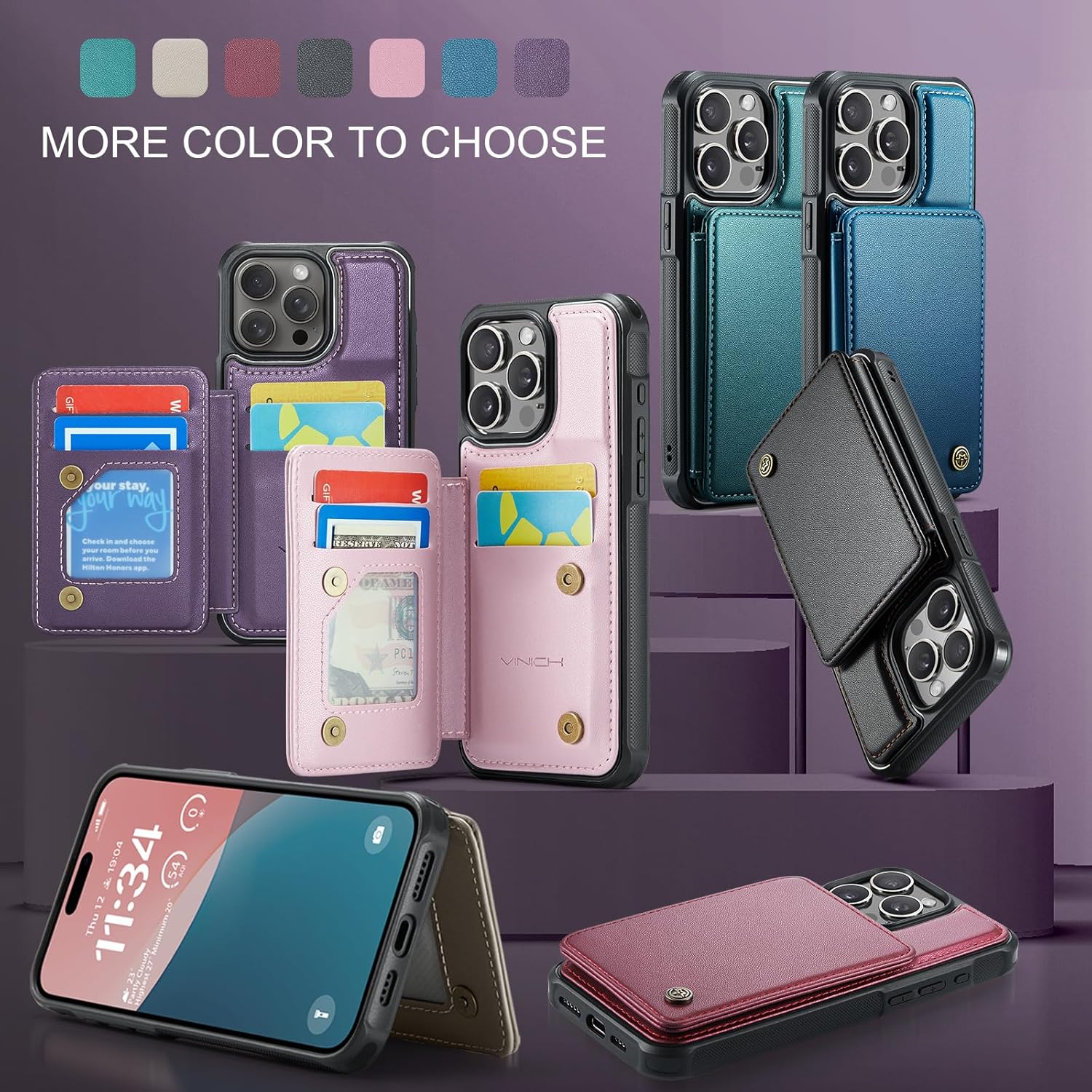 Vinich for iPhone 15 Pro Wallet Case with Card Holder, RFID Blocking Credit Slots Kickstand Shockproof Phone Cover Fit for iPhone 15 Pro 6.1" Purple - Image 9