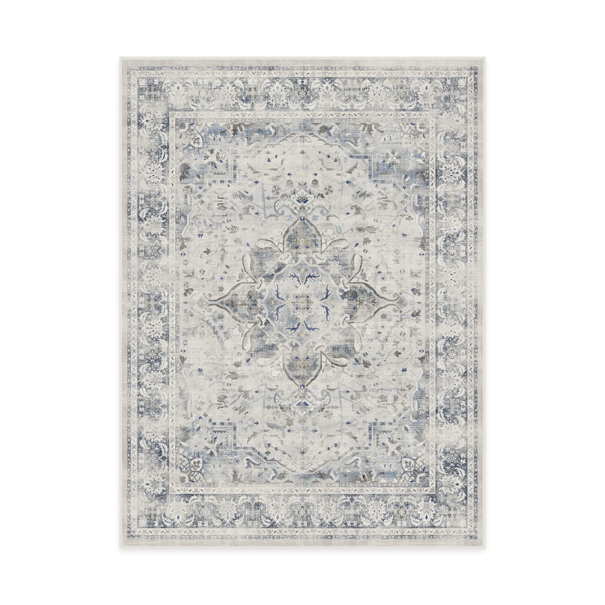 RUGGABLEWashable Vintage Area Rug – Sarrah Blue Quartz 9x12, Stain-Resistant, Non-Slip with Standard Pad – Large Machine Washable Rugs for Living Room, Bedroom, Hallway, Entryway & Office
