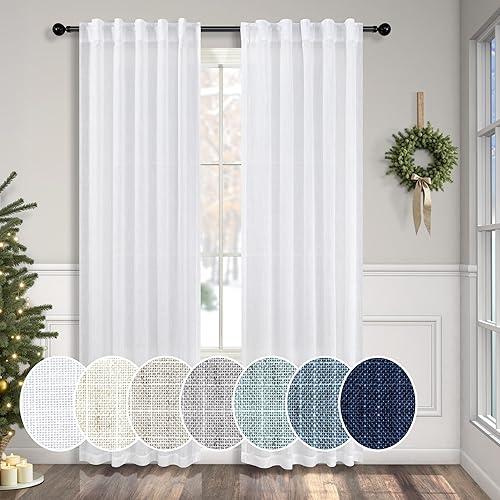 Pitalk - Cortinas de lino blanco, 2 paneles, con presillas traseras y bolsillo para cortinero, semitraslúcidas, ligeras, algodón blanco, para