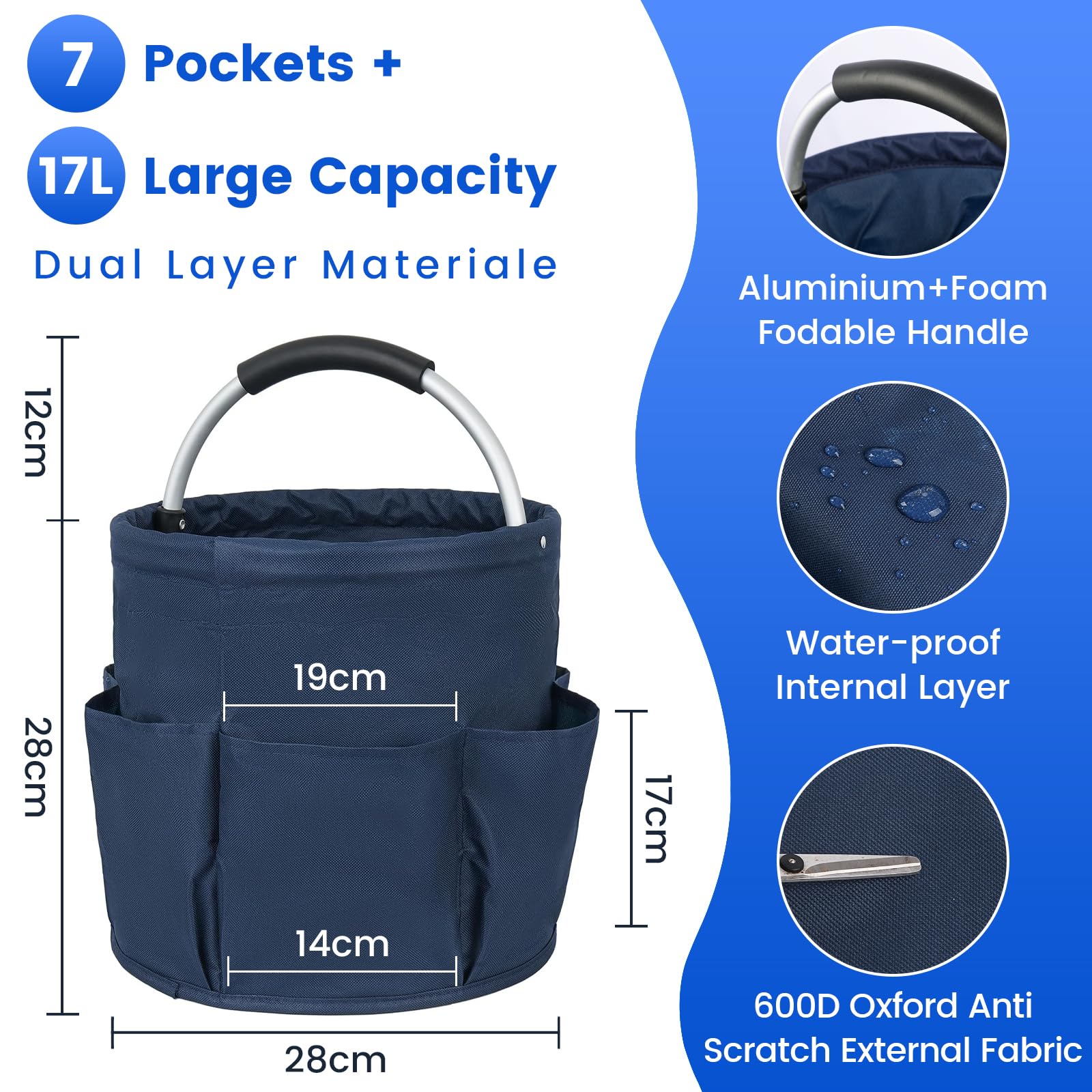 Carello Pulizie con Manico,2 Cestini Porta Atrezzi con 6 Tasche Esterne,Borsa Organizer Pieghevole Sacca Portaoggetti Borsa per Utensili di Pulizia,Contenitore per Pulizia Professionale,Blu